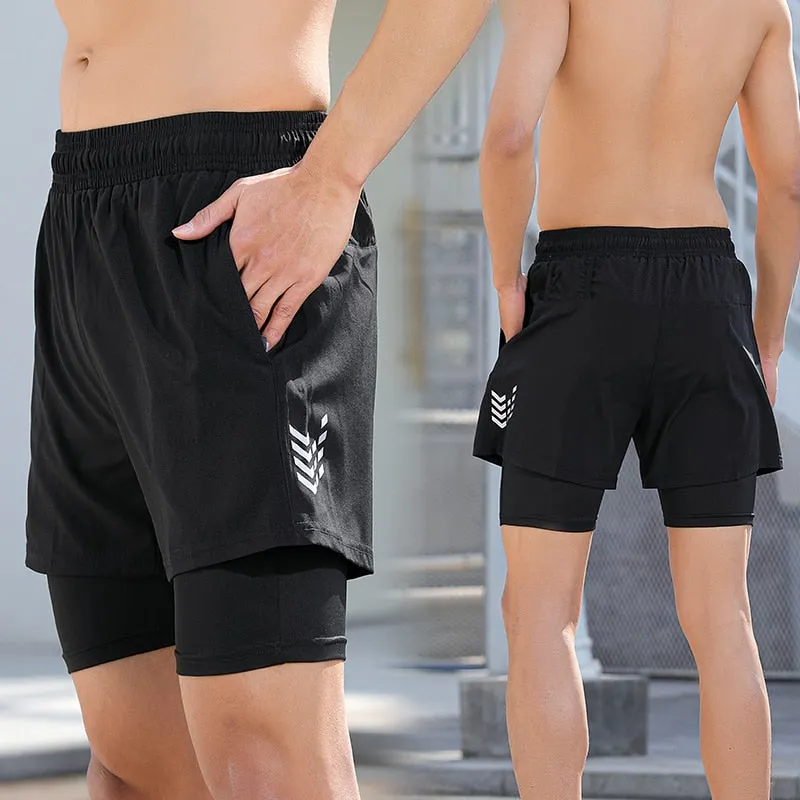 2 in 1 Shorts Men Fitness Training Exercise Jogging Short Trousers Liner Zipper Pocket Workout Quick Dry Beach Running Shorts