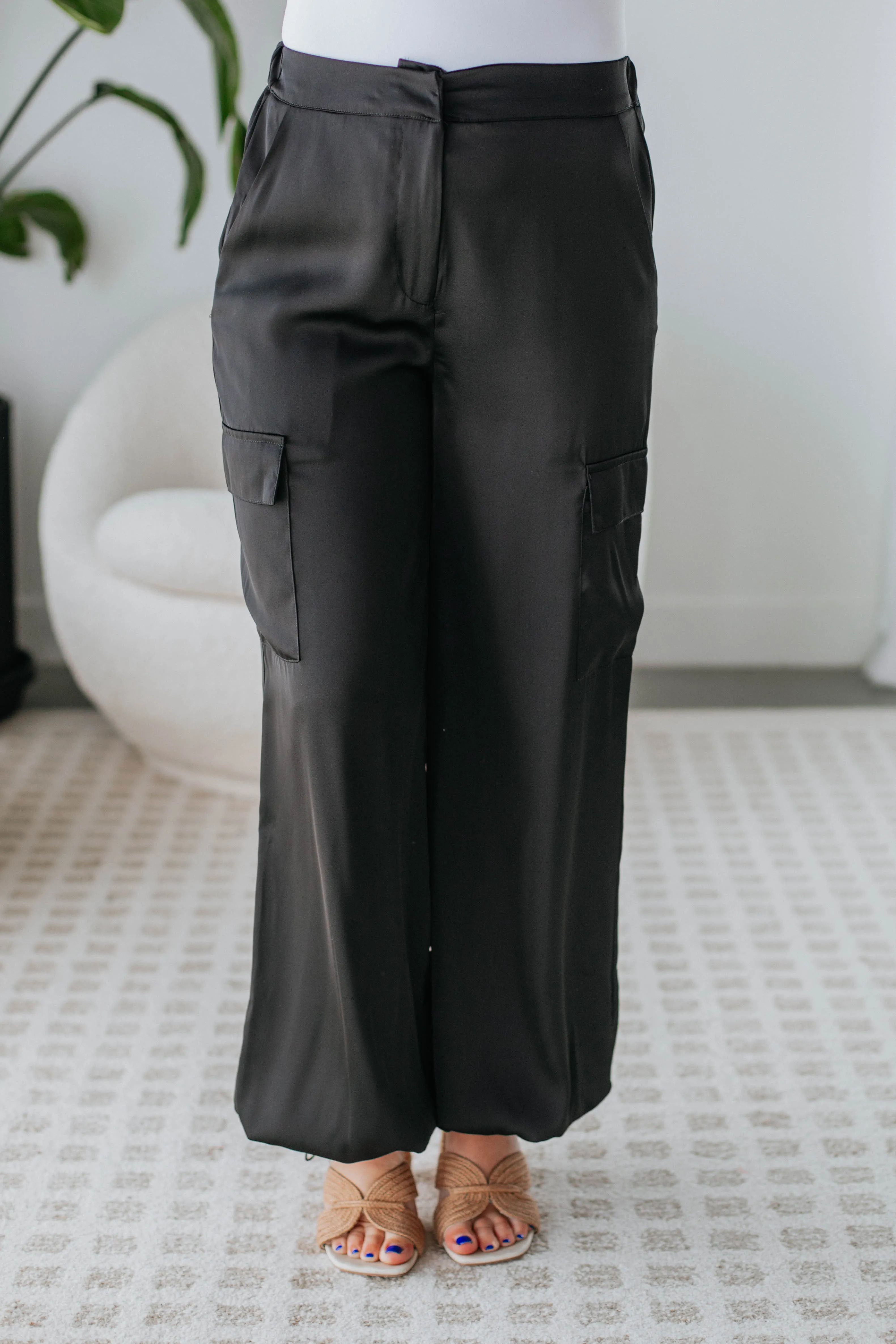 Adara Satin Cargo Pants - Black