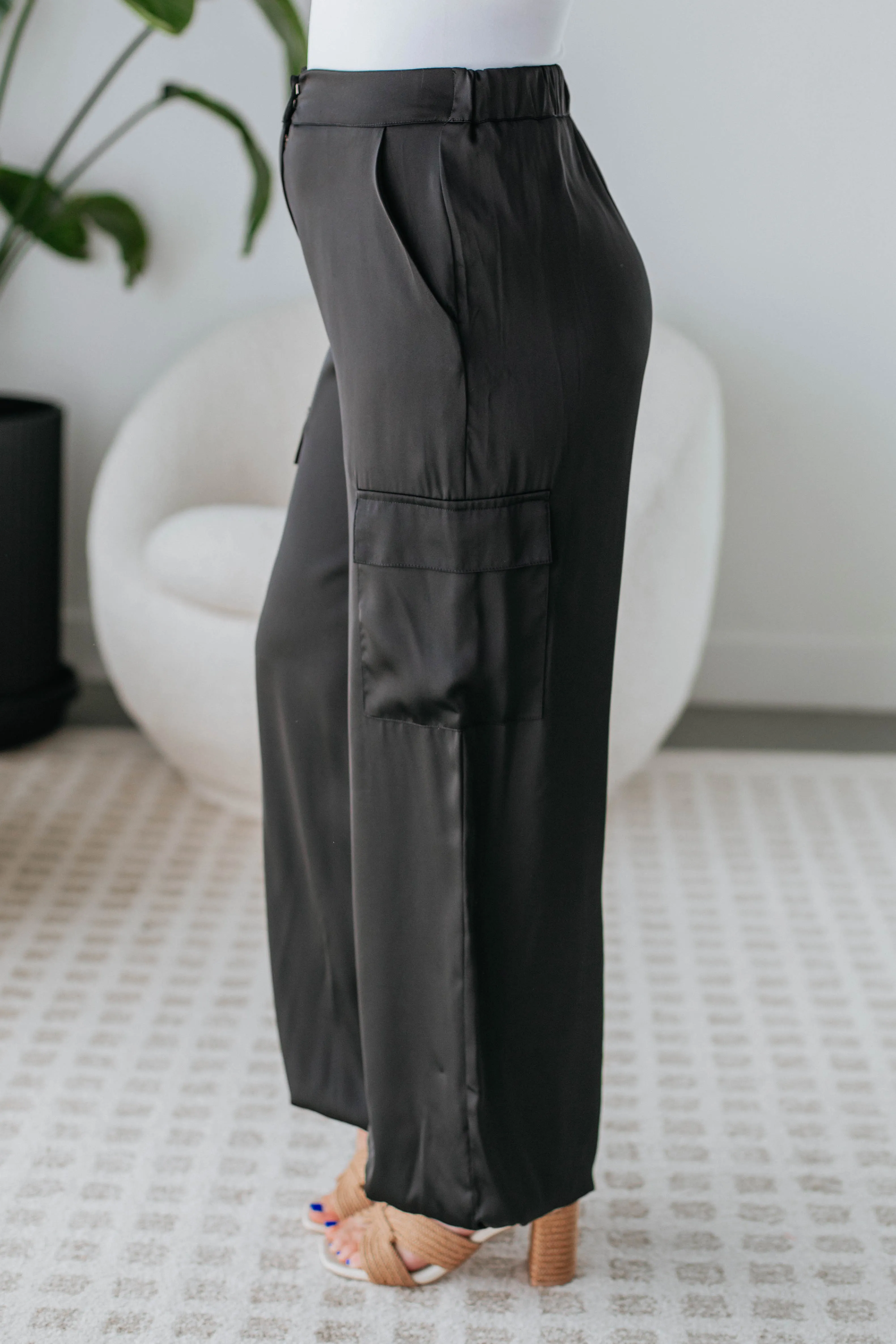 Adara Satin Cargo Pants - Black