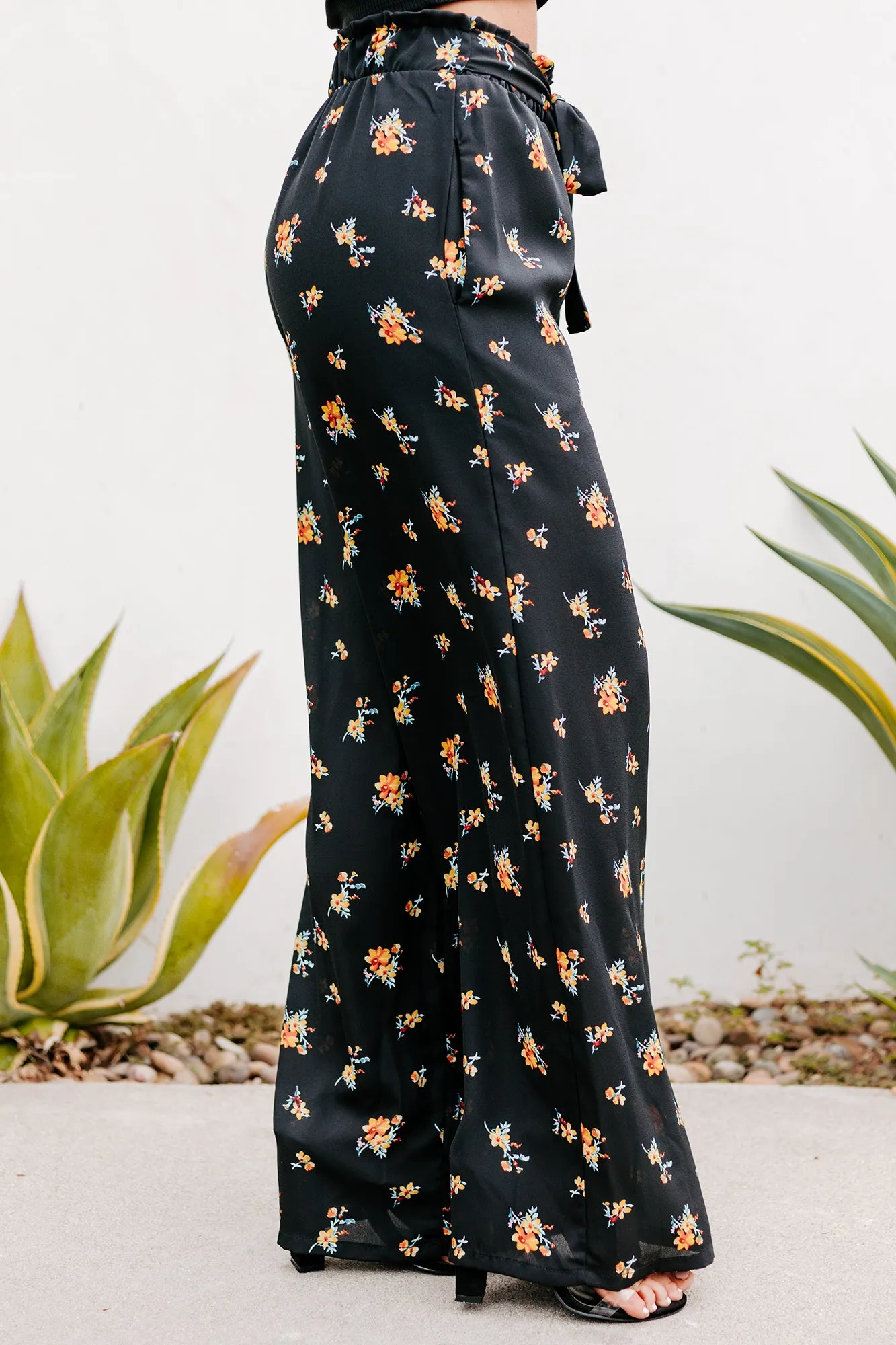 Addicted To Love Floral Print Wide Leg Pants (Black)