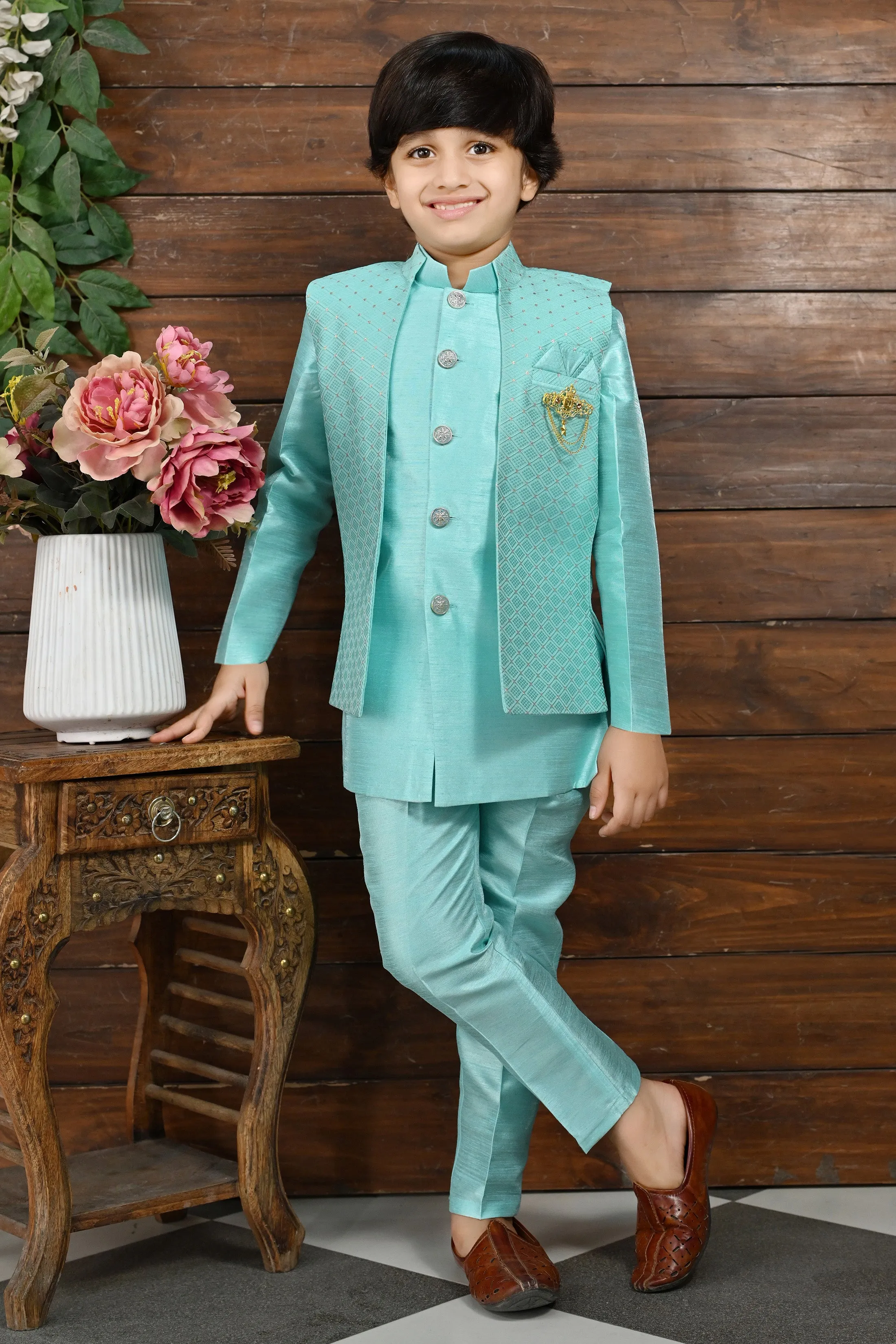 Ahhaaaa Kids Bollywood Style Print Indo-Western Sherwani Set For Boys