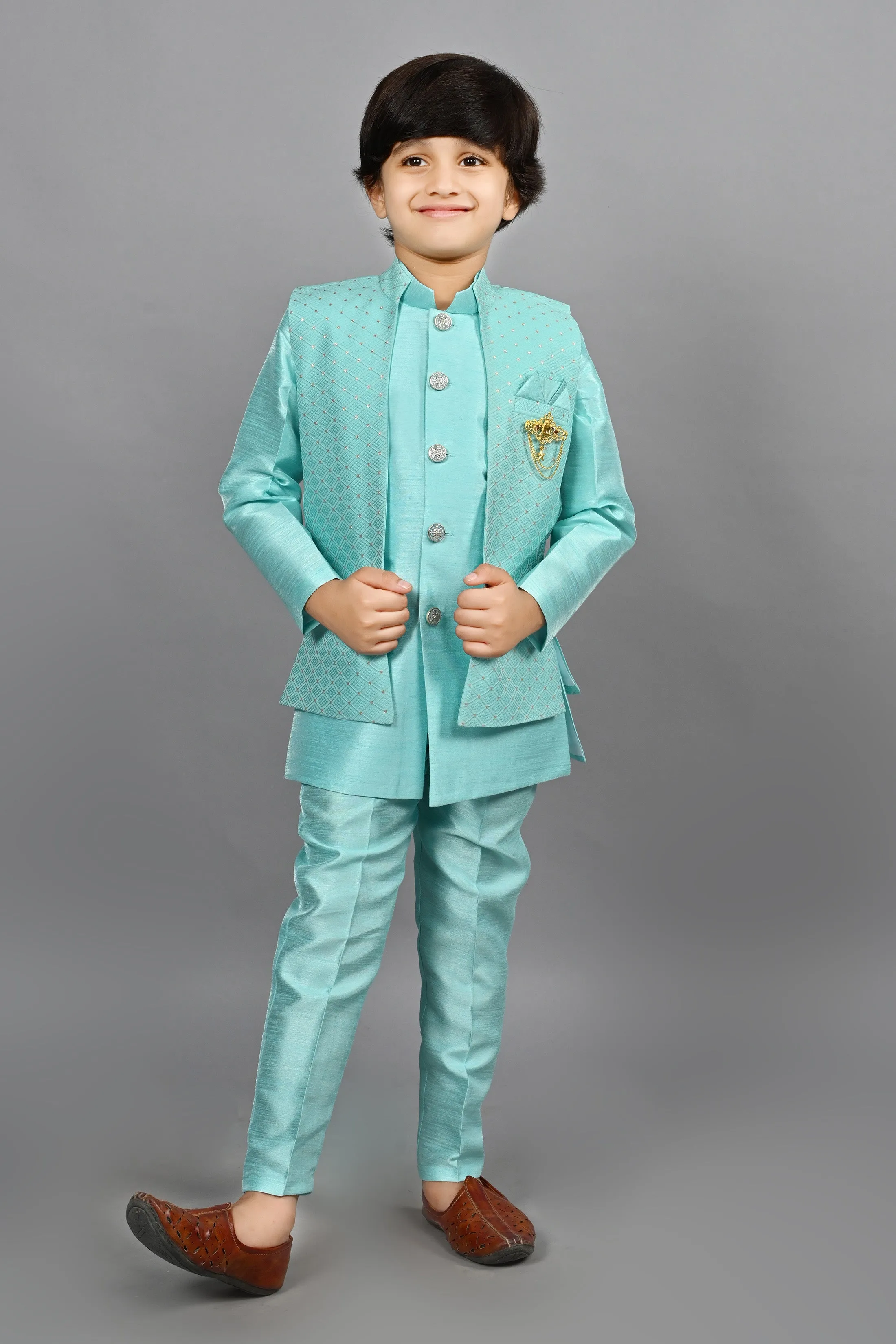 Ahhaaaa Kids Bollywood Style Print Indo-Western Sherwani Set For Boys