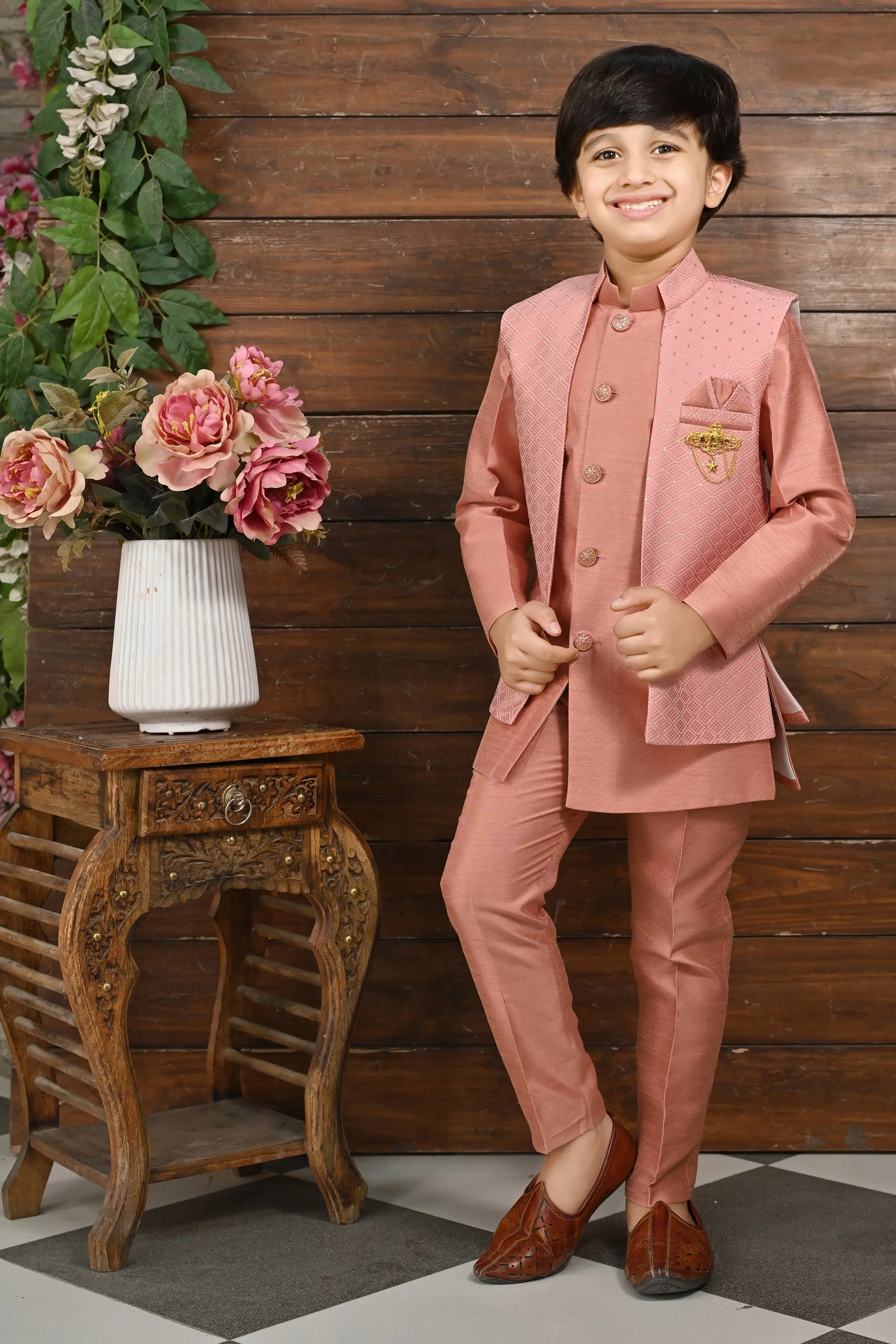 Ahhaaaa Kids Bollywood Style Print Indo-Western Sherwani Set For Boys