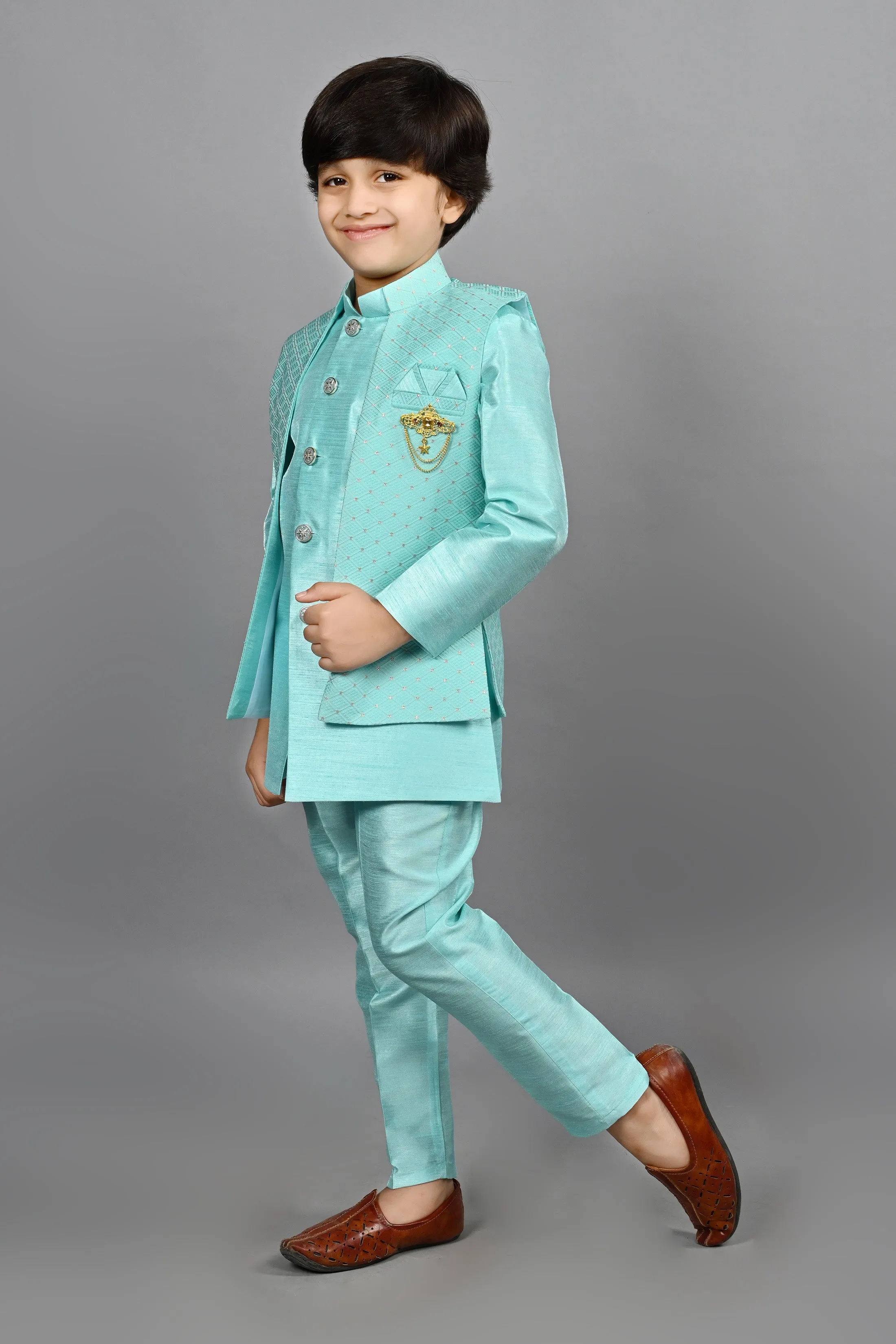 Ahhaaaa Kids Bollywood Style Print Indo-Western Sherwani Set For Boys