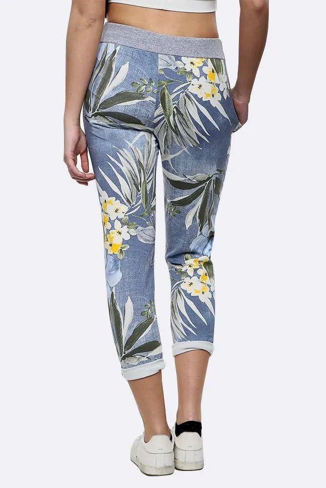 Anne   Kate Italian Tropical Floral Light Denim Print Trousers 16-20