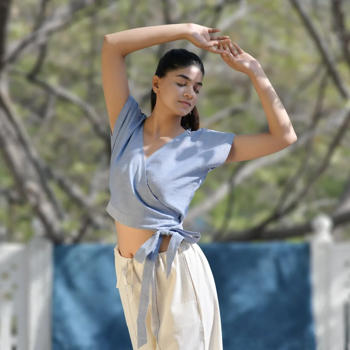 Azure-Blue Cotton Crop Top with Beige Yoga Harem Pant Combo  | Athleisure Wear Combo for Women