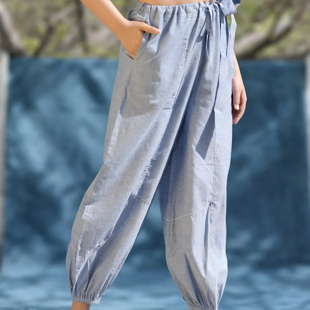 Azure-Blue Cotton Crop Top with Yoga Harem Pant Co-Ord Set | Athleisure Co-Ord Set for Women