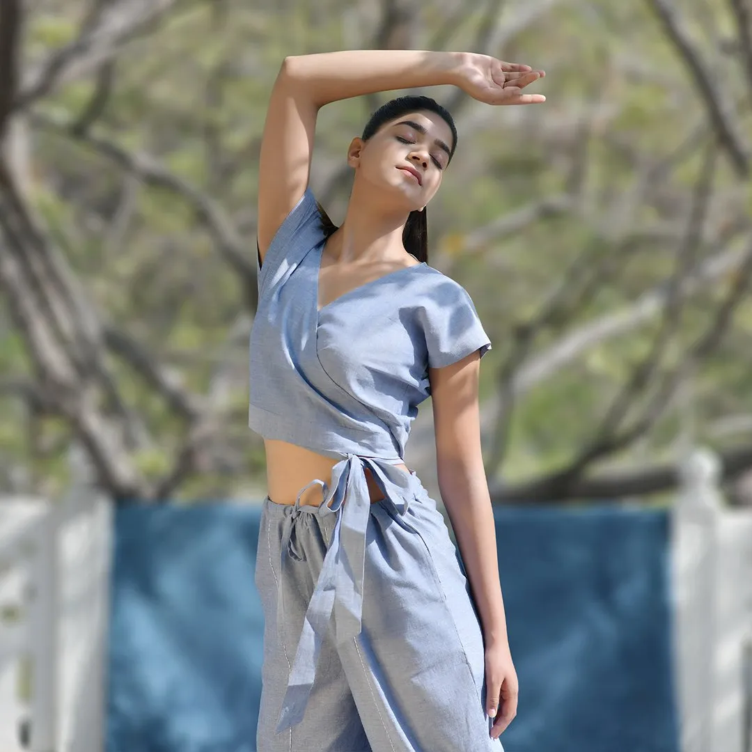 Azure-Blue Cotton Crop Top with Yoga Harem Pant Co-Ord Set | Athleisure Co-Ord Set for Women