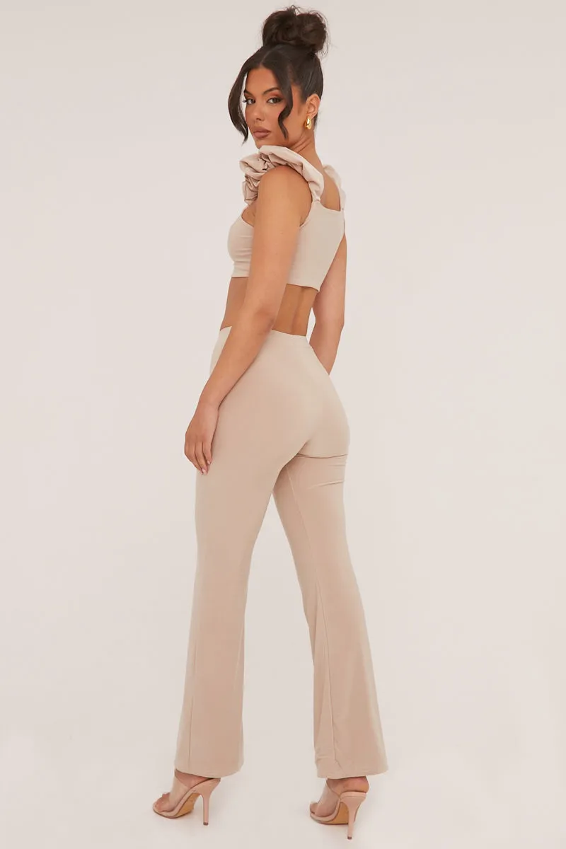 Beige Frill Detail  Cropped Top & Wide Leg Trousers Co-ord Set - Sophie