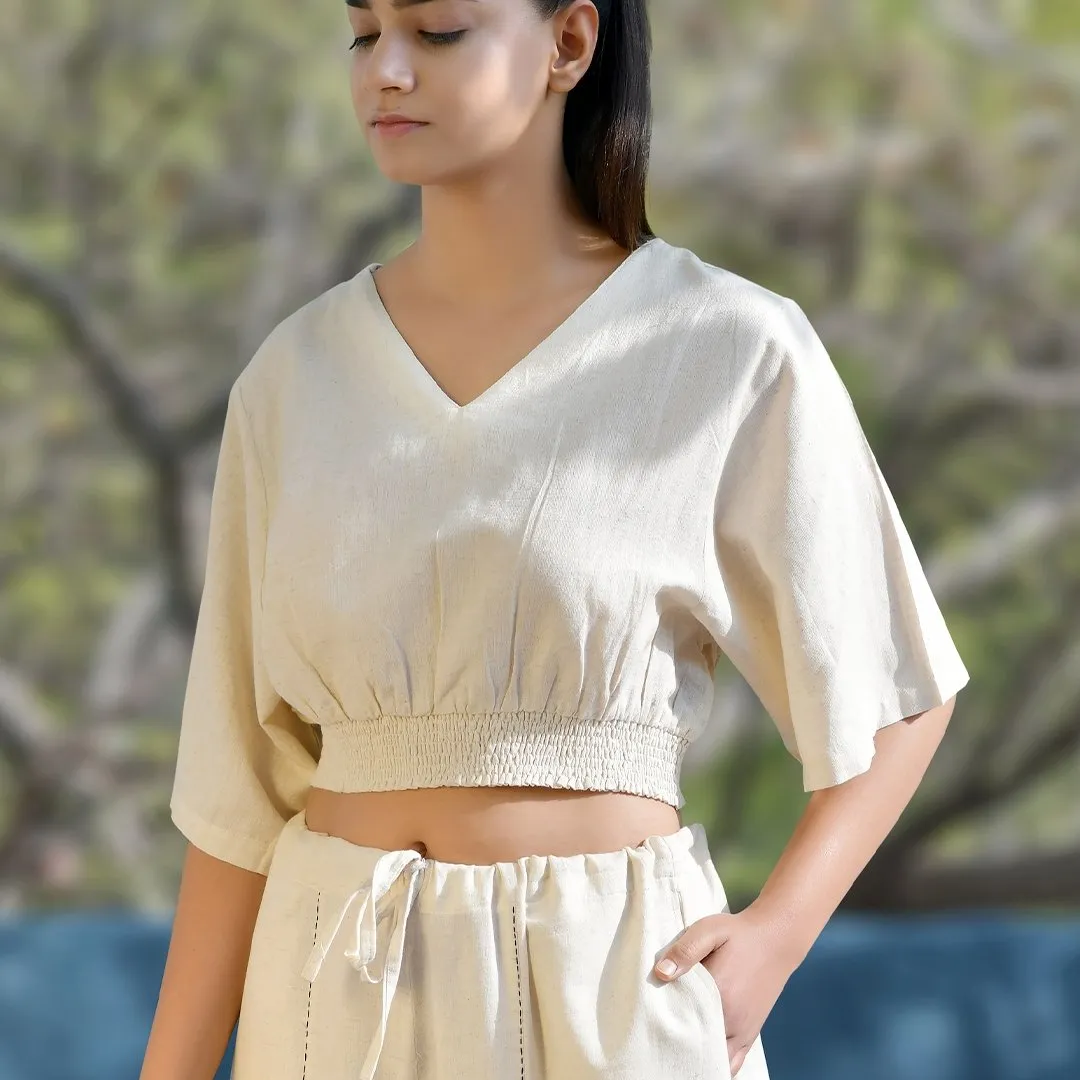 Beige Handwoven Cotton Smock Top with Yoga Harem Pant Co-Ord Set | Athleisure Harem Co-Ord Set for Women