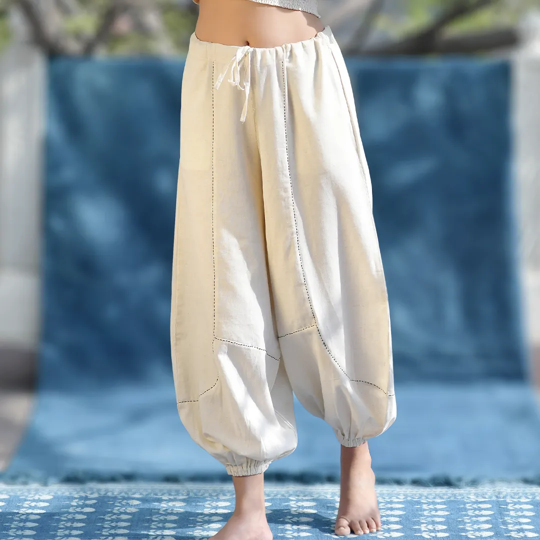 Beige Handwoven Cotton Smock Top with Yoga Harem Pant Co-Ord Set | Athleisure Harem Co-Ord Set for Women