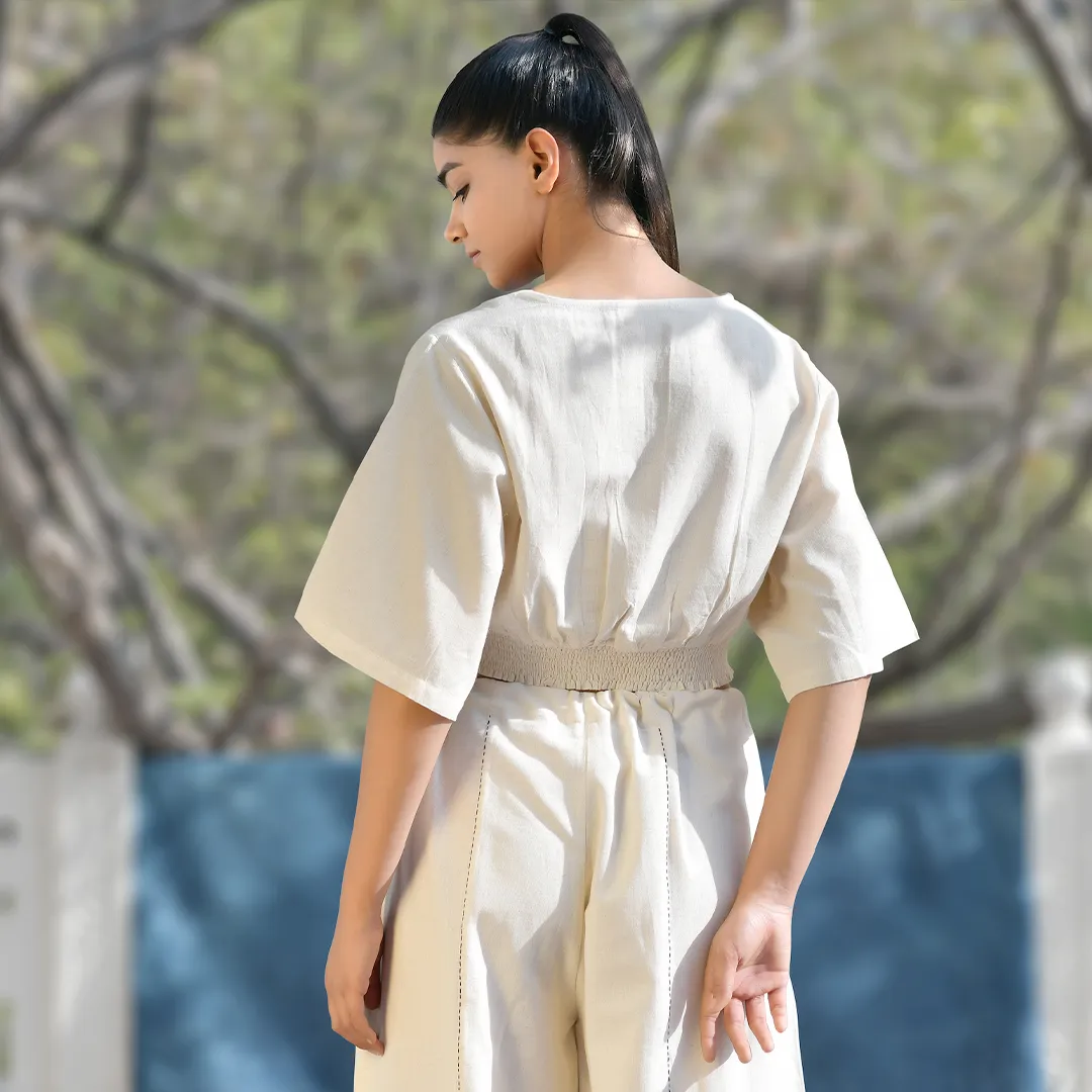 Beige Handwoven Cotton Smock Top with Yoga Harem Pant Co-Ord Set | Athleisure Harem Co-Ord Set for Women