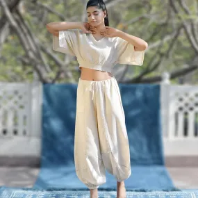 Beige Handwoven Cotton Smock Top with Yoga Harem Pant Co-Ord Set | Athleisure Harem Co-Ord Set for Women