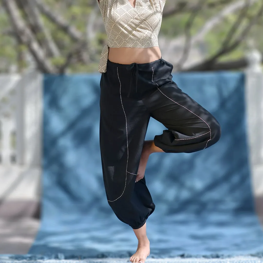 Beige-Printed Cotton Crop Top with Black Yoga Harem Pant Combo | Athleisure Top & Pant Combo for Women