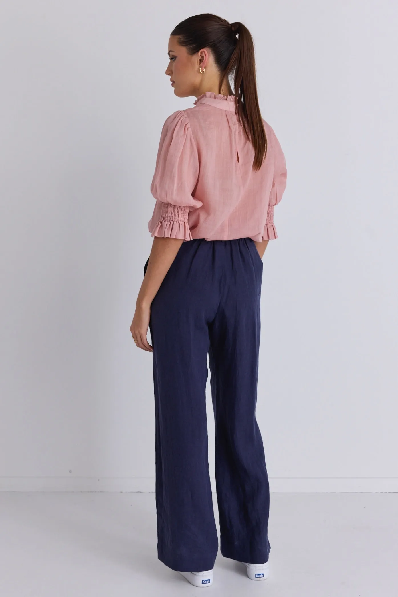 Bestow Navy Linen Elastic Back Wide Leg Pants