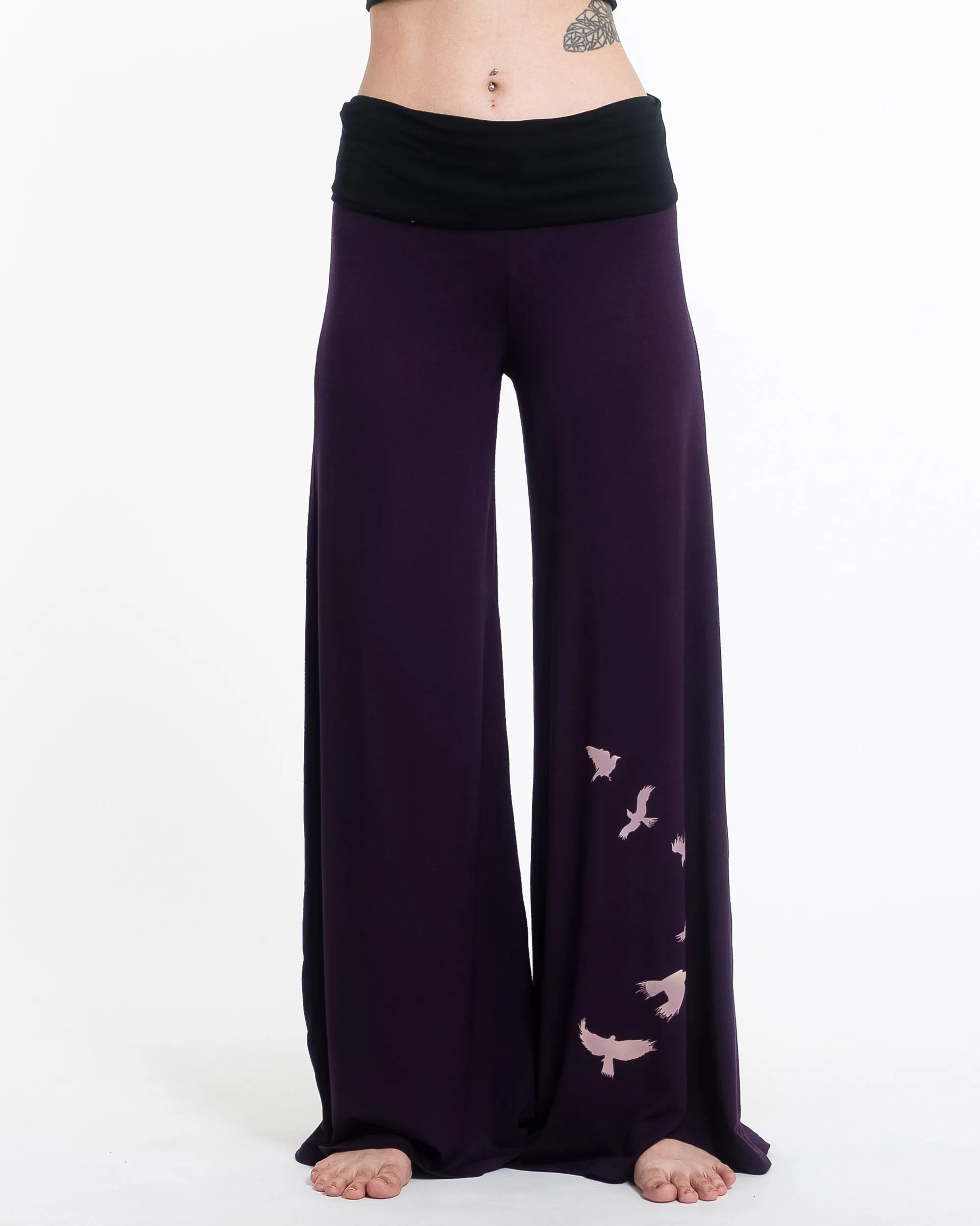 Birds Print Wide Leg Palazzo Harem Pants Cotton Spandex in Purple