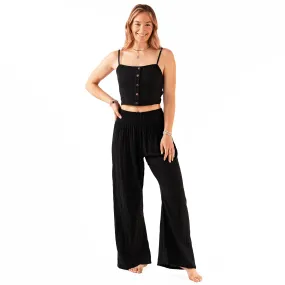 Black Cotton Crop Top & Wide Leg Pants Lounge Set