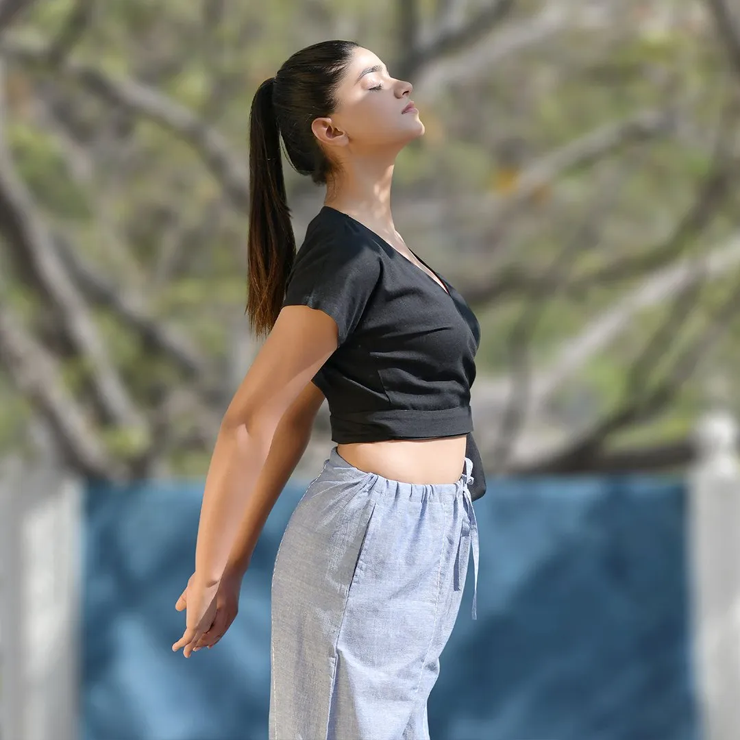 Black Cotton Crop Top with Azure-Blue Yoga Harem Pant Combo | Athleisure Top & Pant Combo for Women