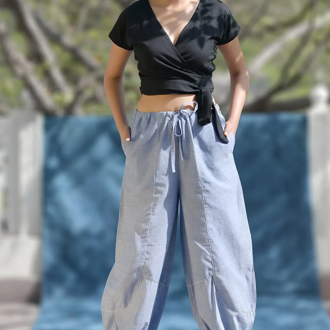 Black Cotton Crop Top with Azure-Blue Yoga Harem Pant Combo | Athleisure Top & Pant Combo for Women