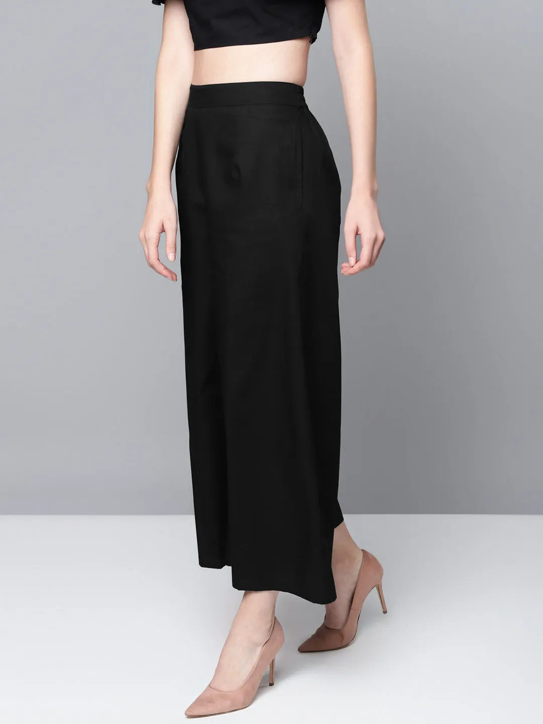 Black Poplin Wide Leg Pants