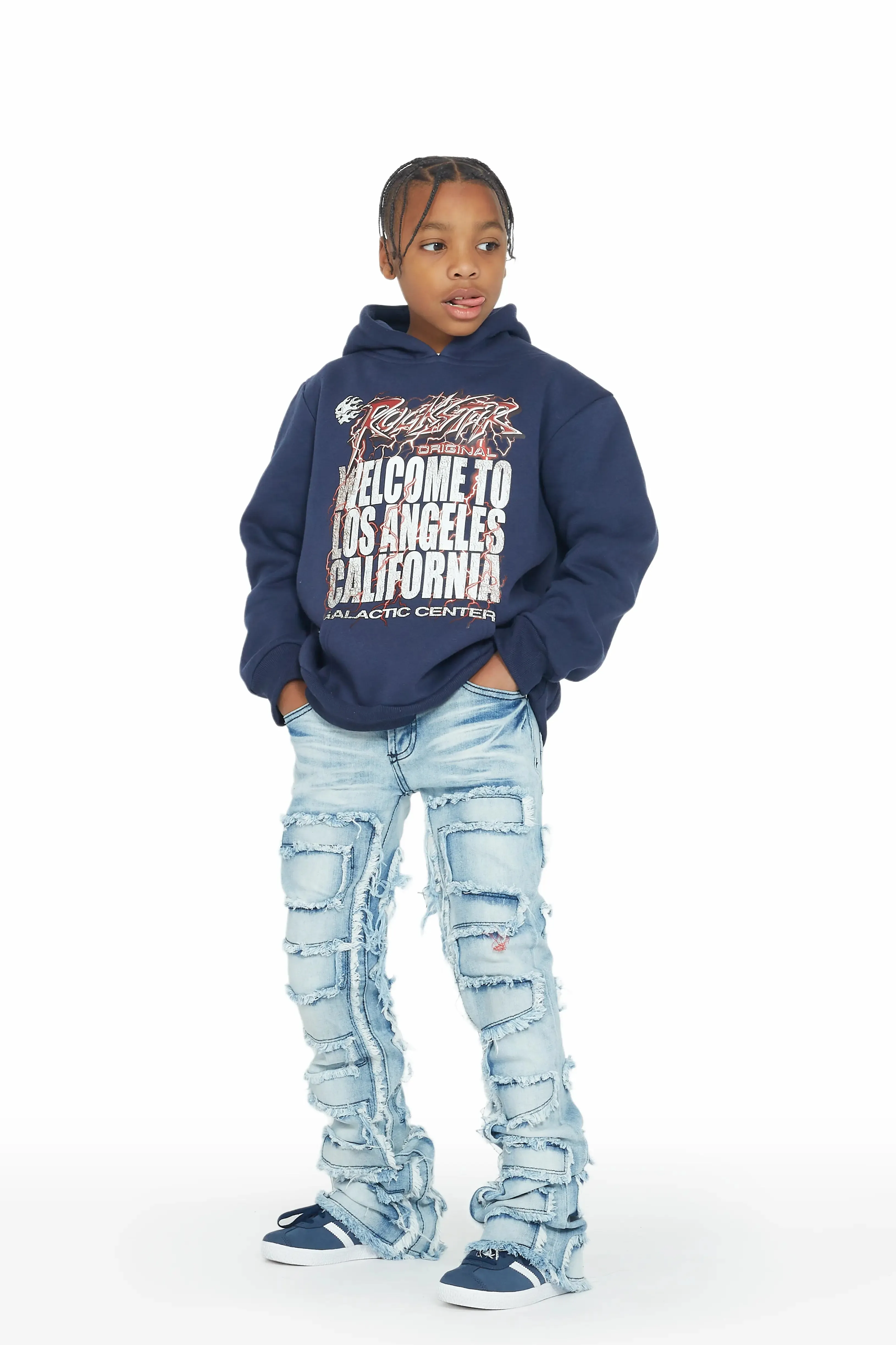 Boys Dexx Navy Hoodie/Super Stacked Flare Jean Set