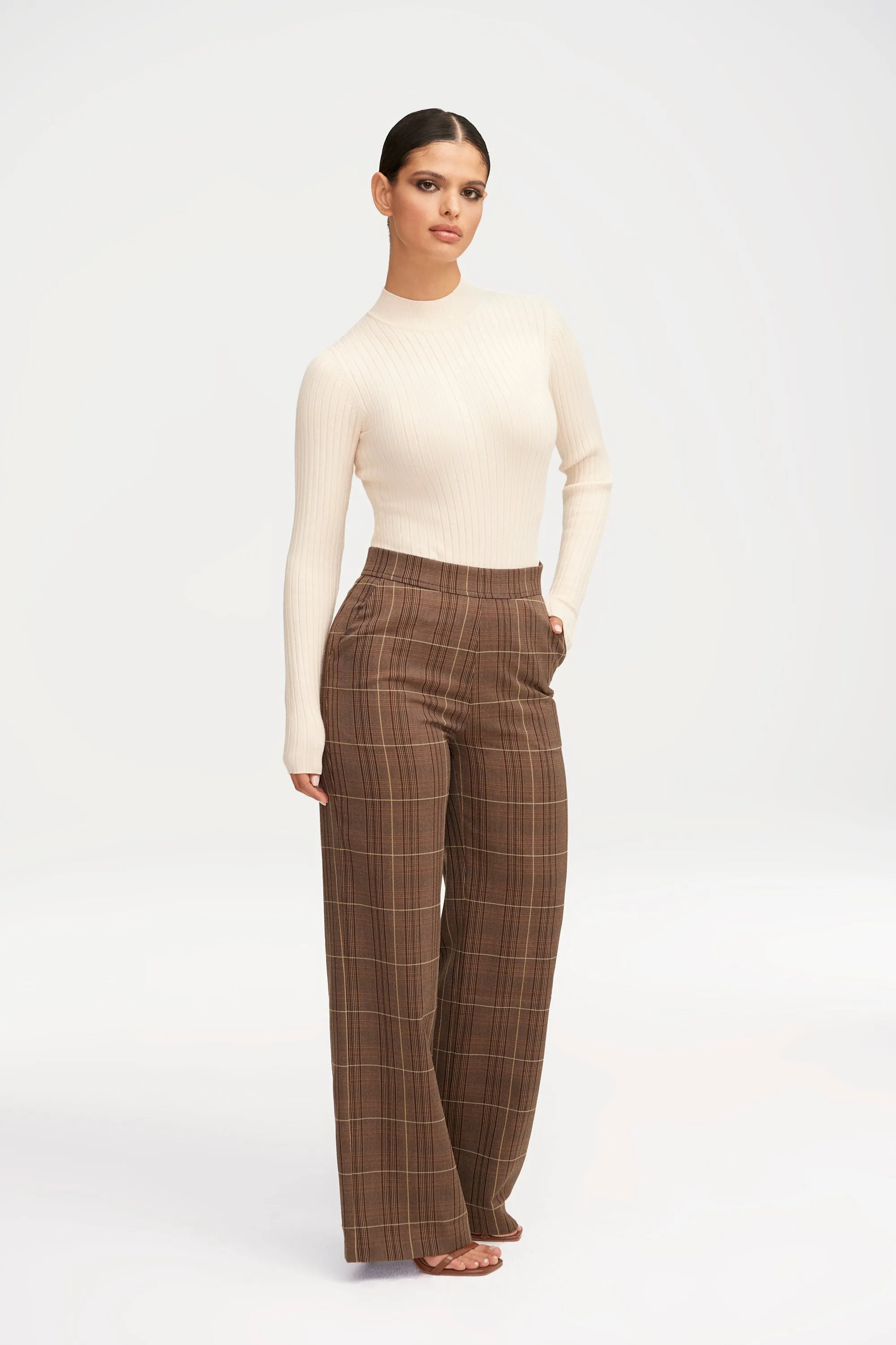 Brown Plaid Wide Leg Pants