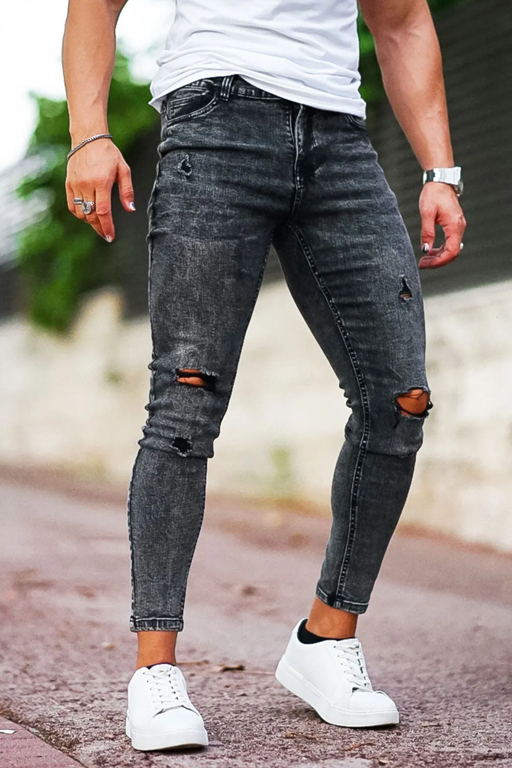 Buy $80 Free Shipping Men's Dark Gray Ripped Jean