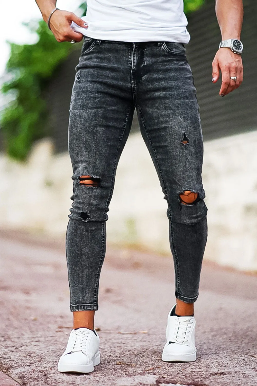 Buy $80 Free Shipping Men's Dark Gray Ripped Jean