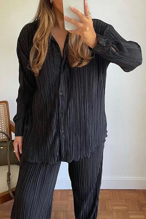 Casual Loose Pleated Collared Shirt And Wide Leg Trousers Loungewear Set