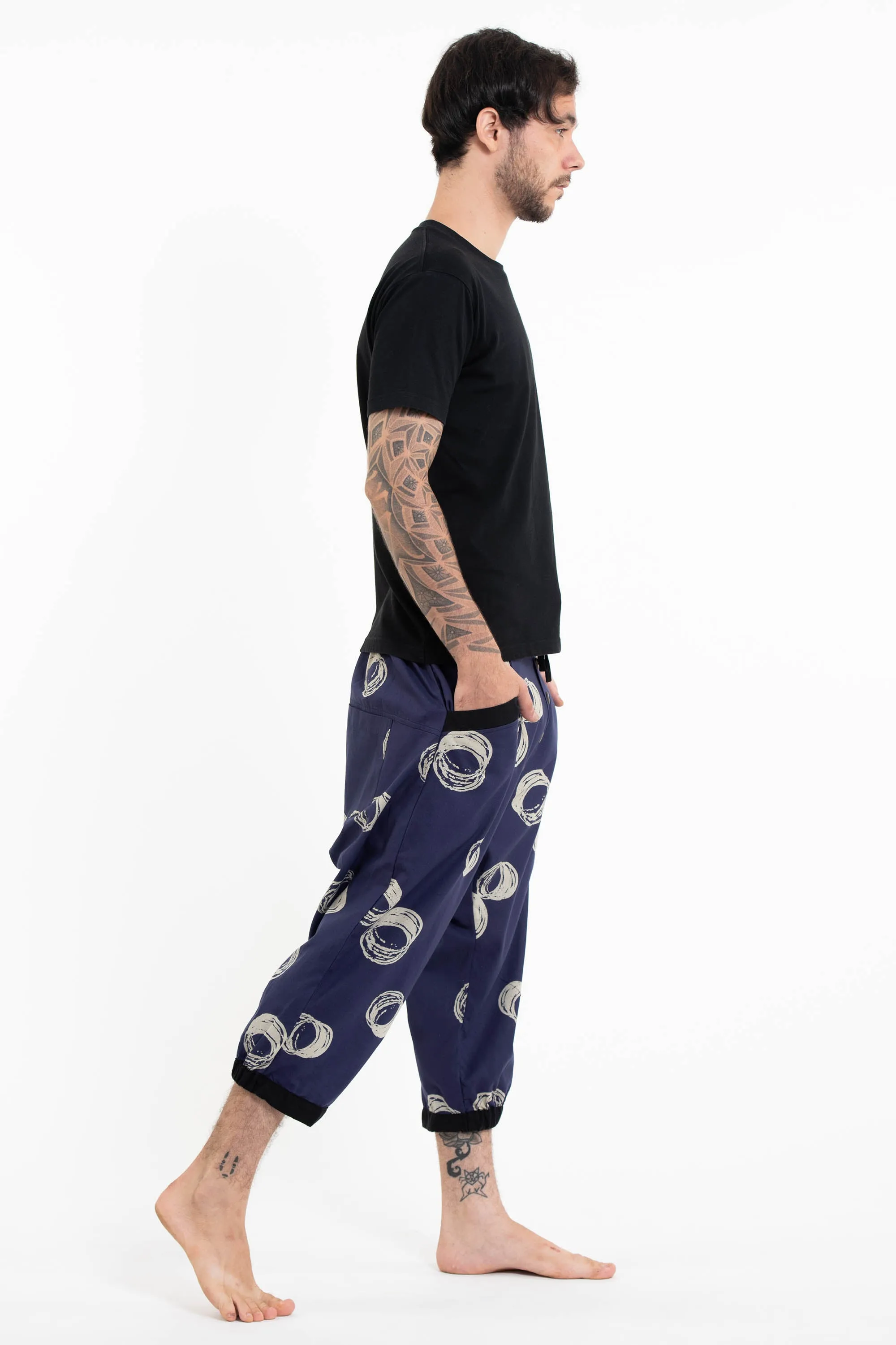 Circles Men's Harem Pants with Faux Buttons in Navy