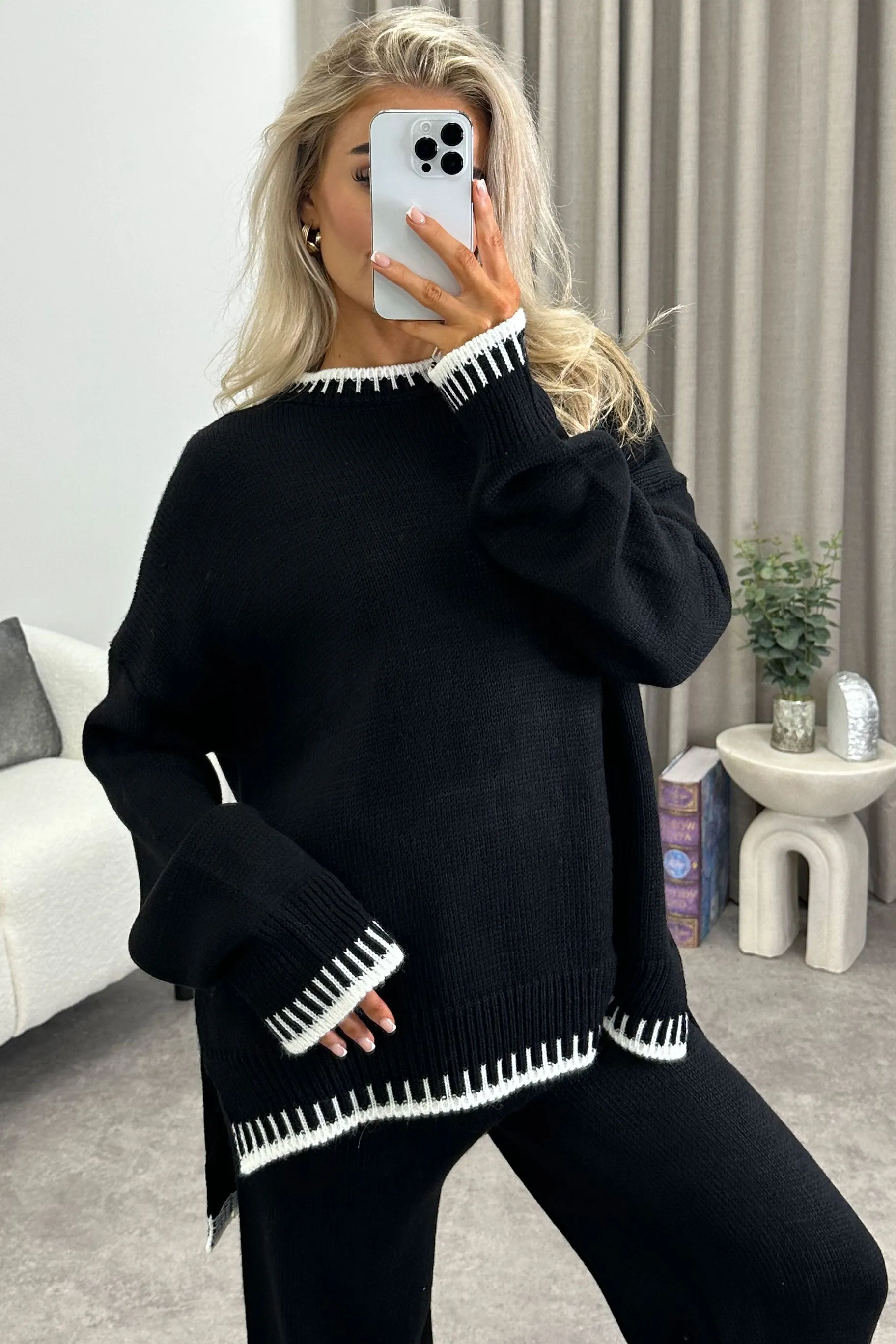 Cloe Black Contrast Trim Knitted Jumper and Wide Leg Trousers Co-Ord Set