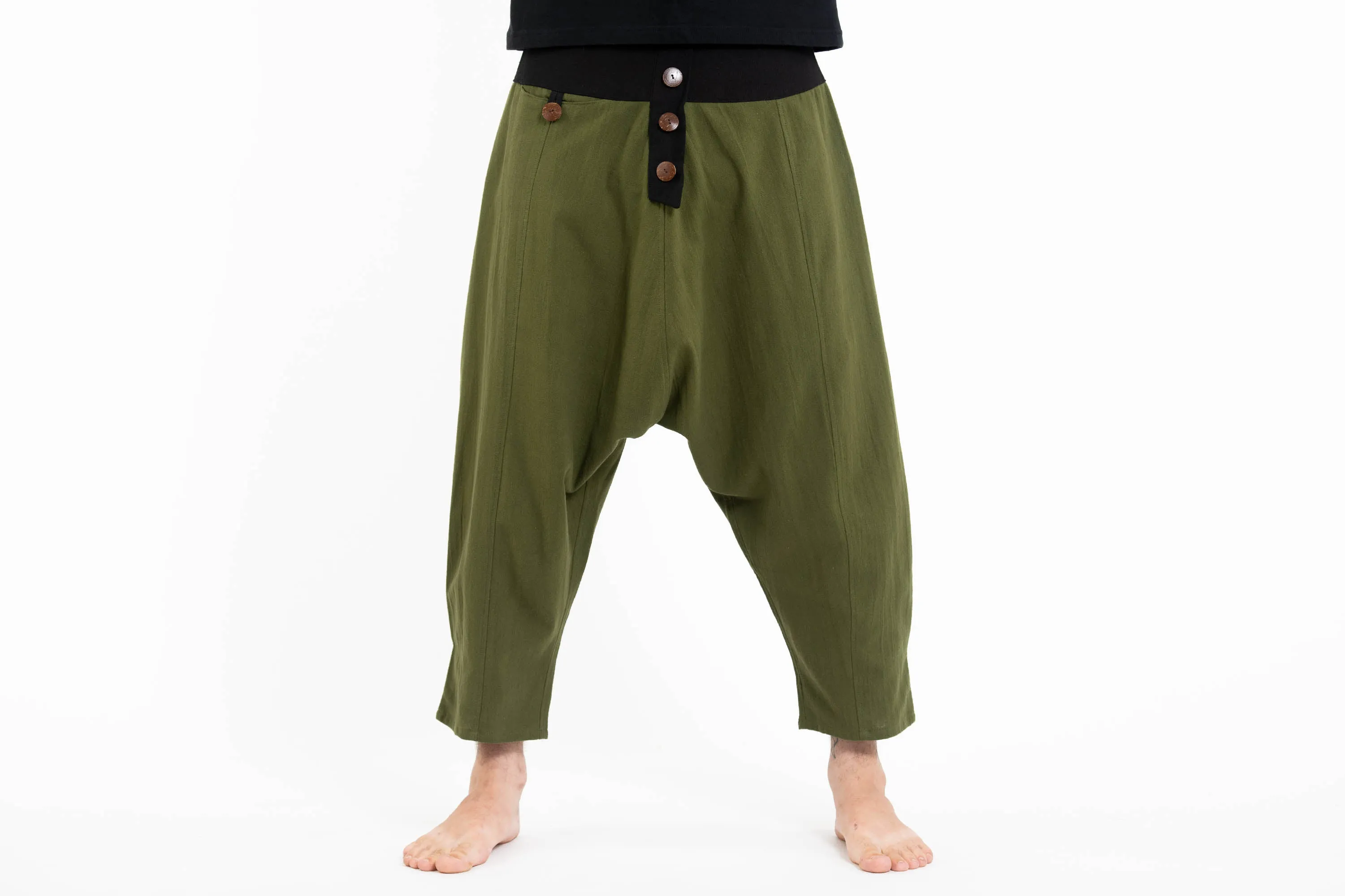 Cotton Men's Harem Pants with Faux Buttons in Green