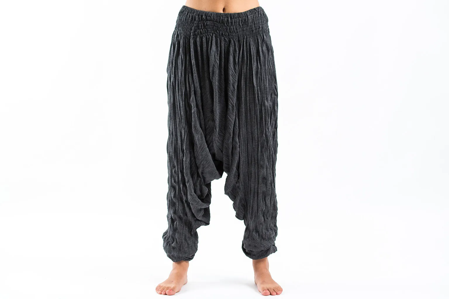 Crinkled Cotton Harem Pants in Black