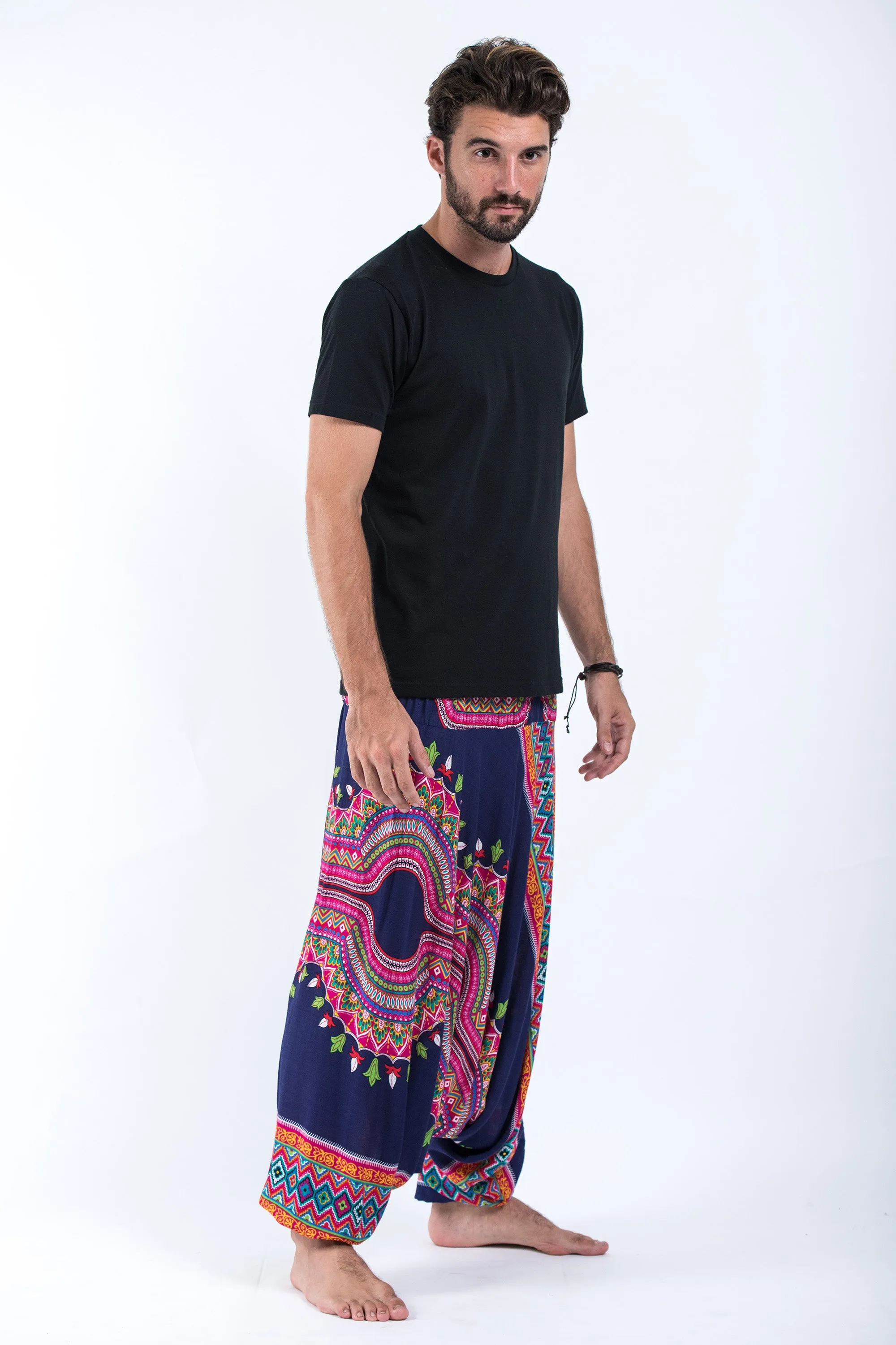 Dashiki Prints Drop Crotch Men's Harem Pants in Navy