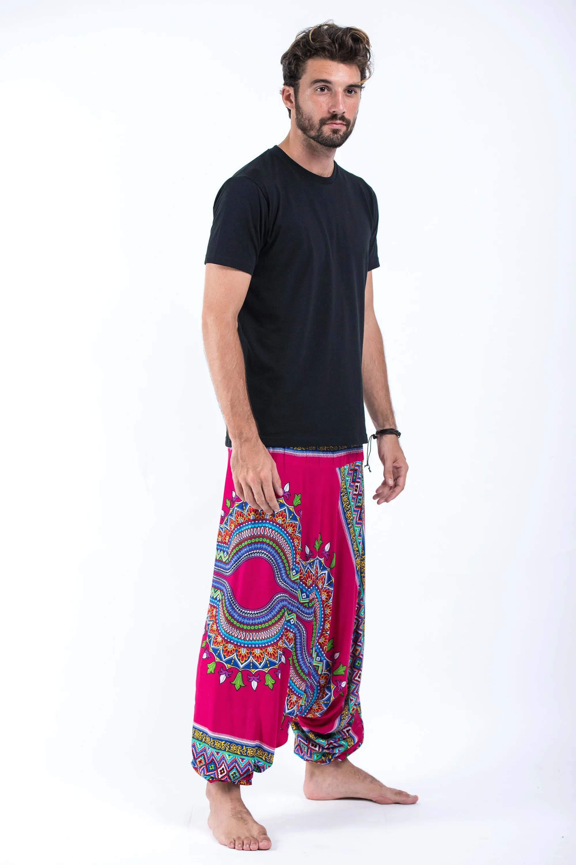 Dashiki Prints Drop Crotch Men's Harem Pants in Pink