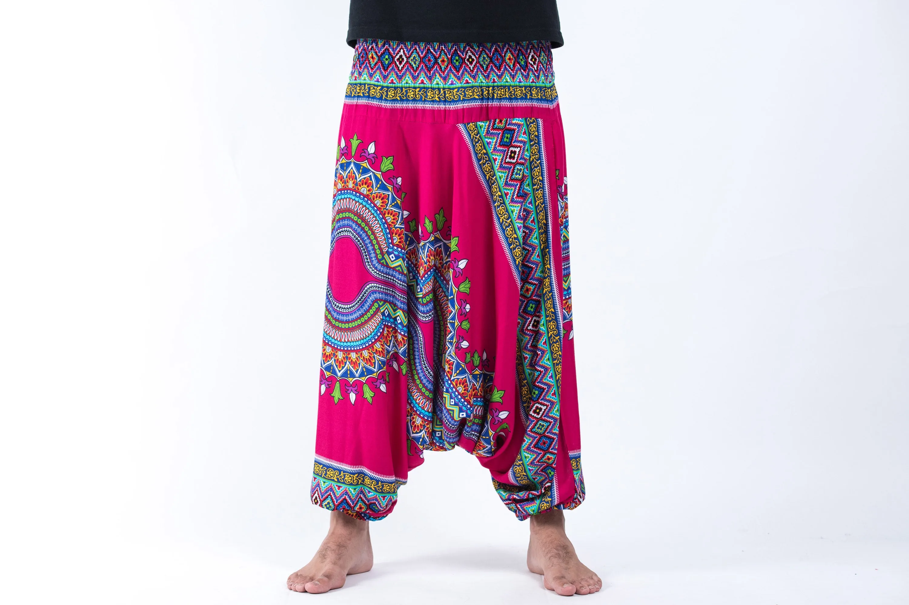 Dashiki Prints Drop Crotch Men's Harem Pants in Pink