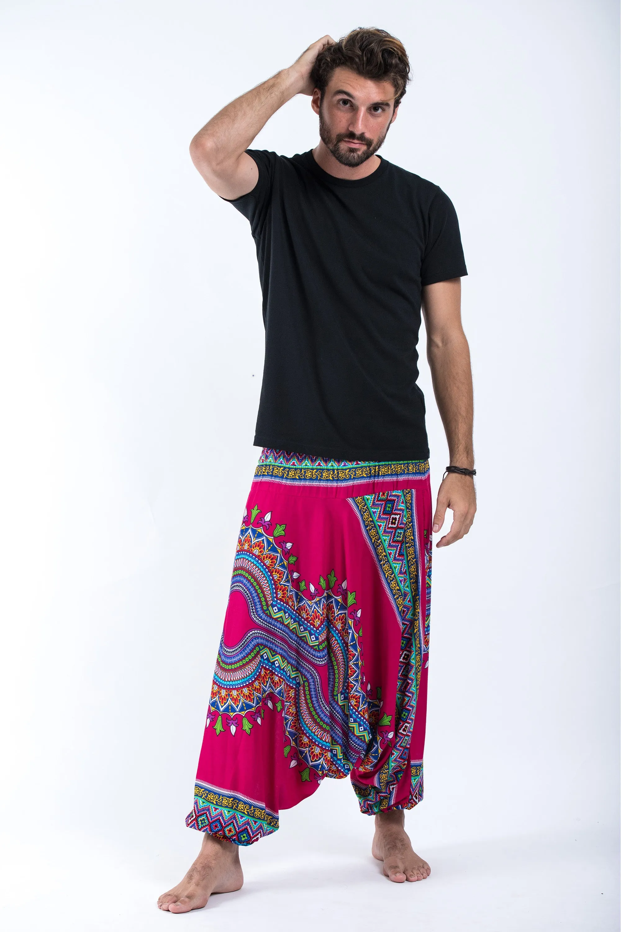 Dashiki Prints Drop Crotch Men's Harem Pants in Pink