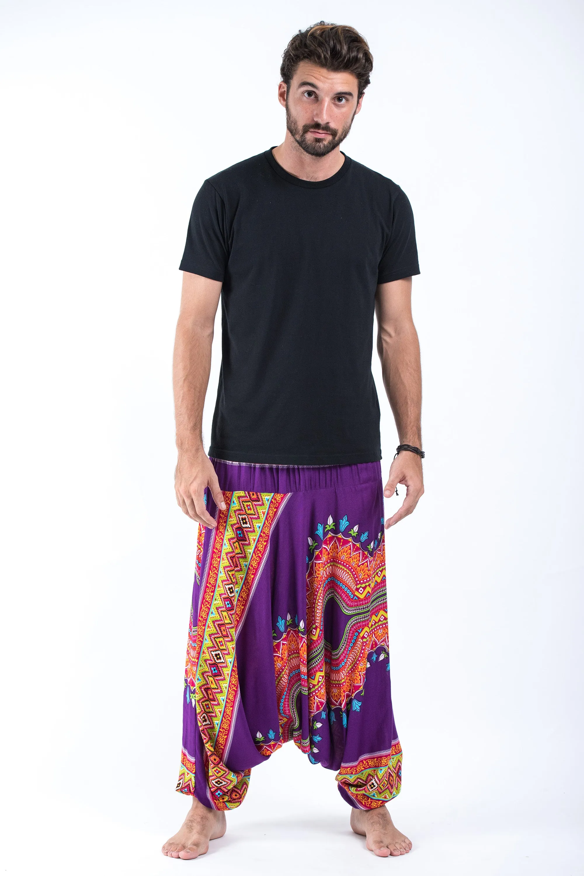 Dashiki Prints Drop Crotch Men's Harem Pants in Purple