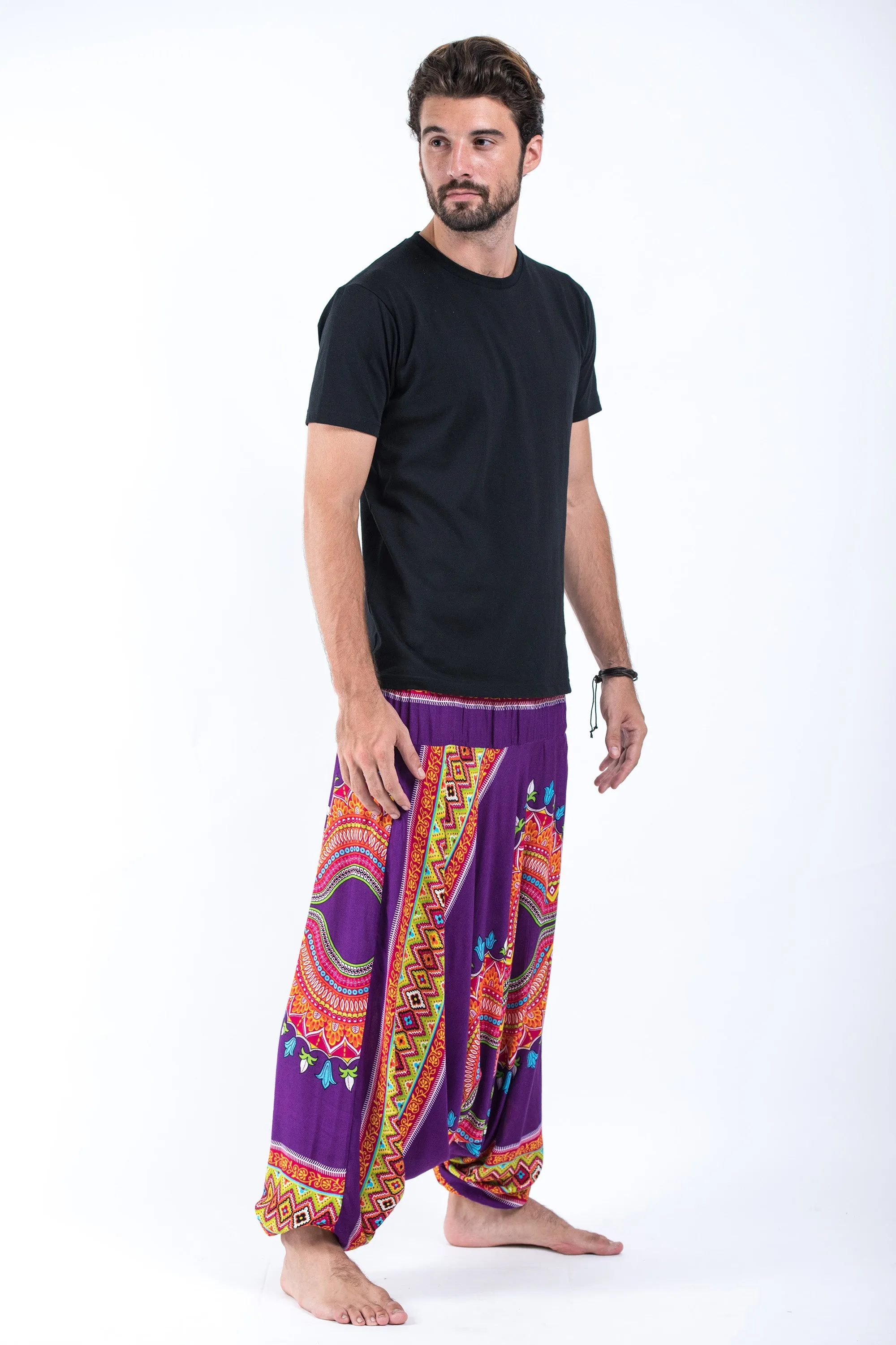 Dashiki Prints Drop Crotch Men's Harem Pants in Purple