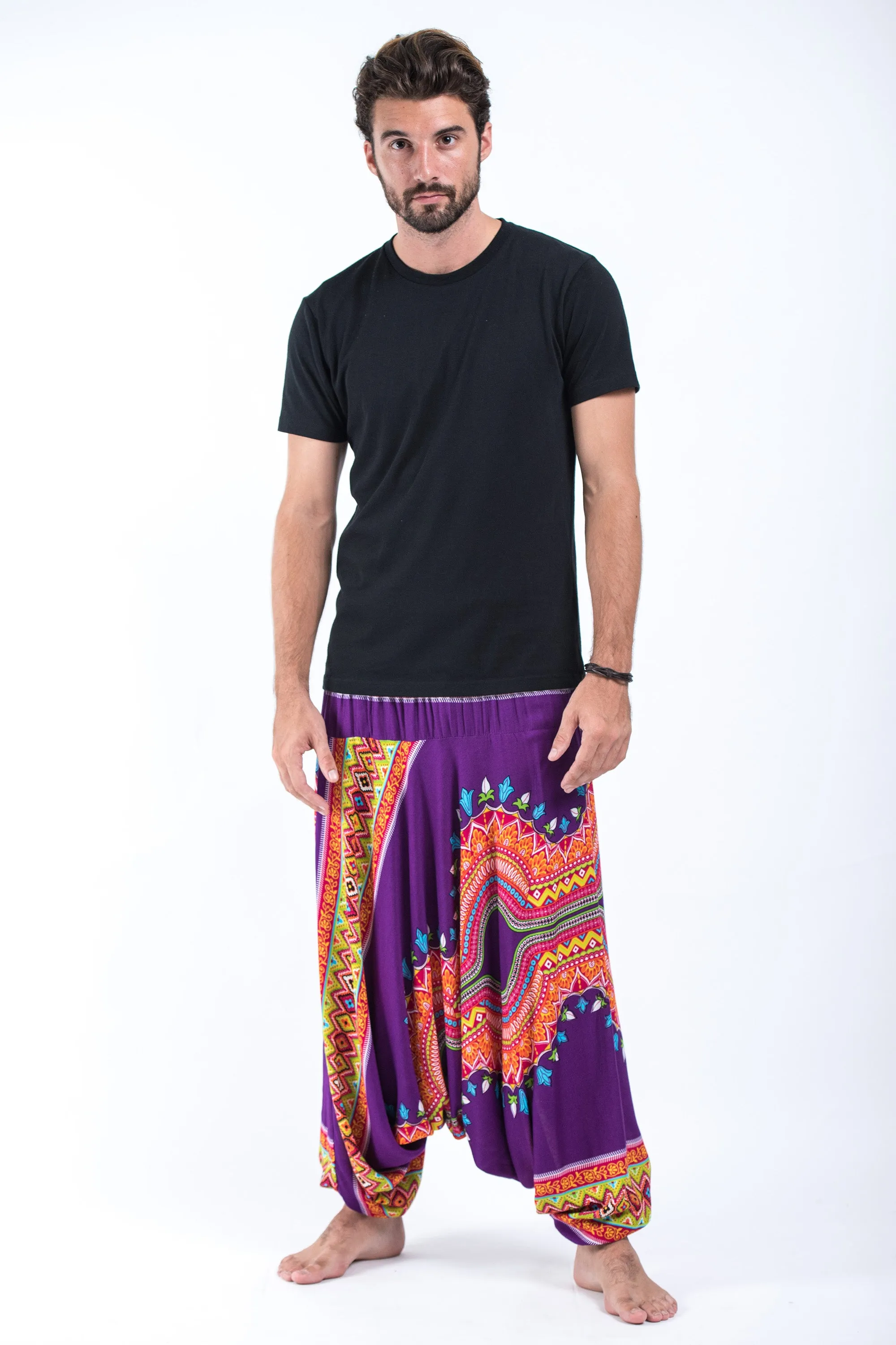 Dashiki Prints Drop Crotch Men's Harem Pants in Purple