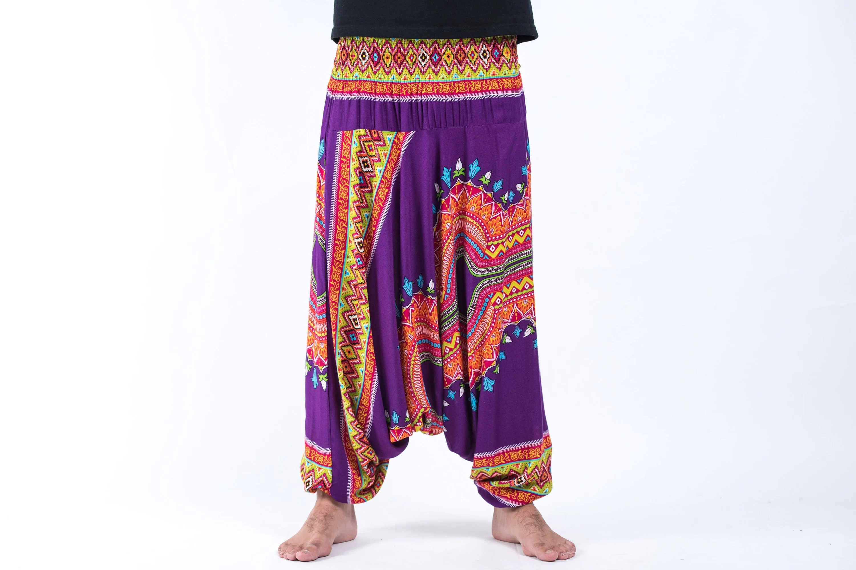 Dashiki Prints Drop Crotch Men's Harem Pants in Purple