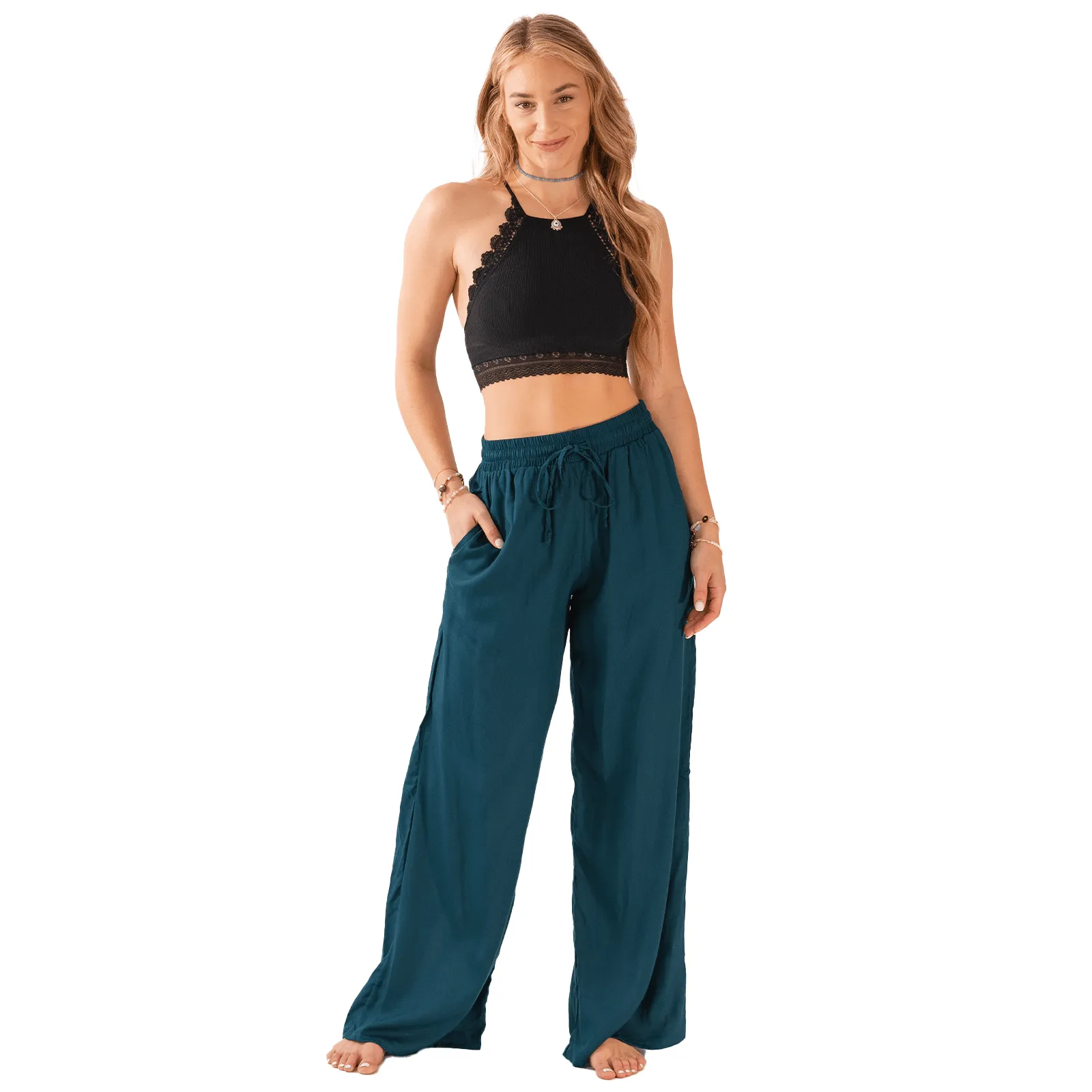 Deep Teal Wide Leg Drawstring Pants