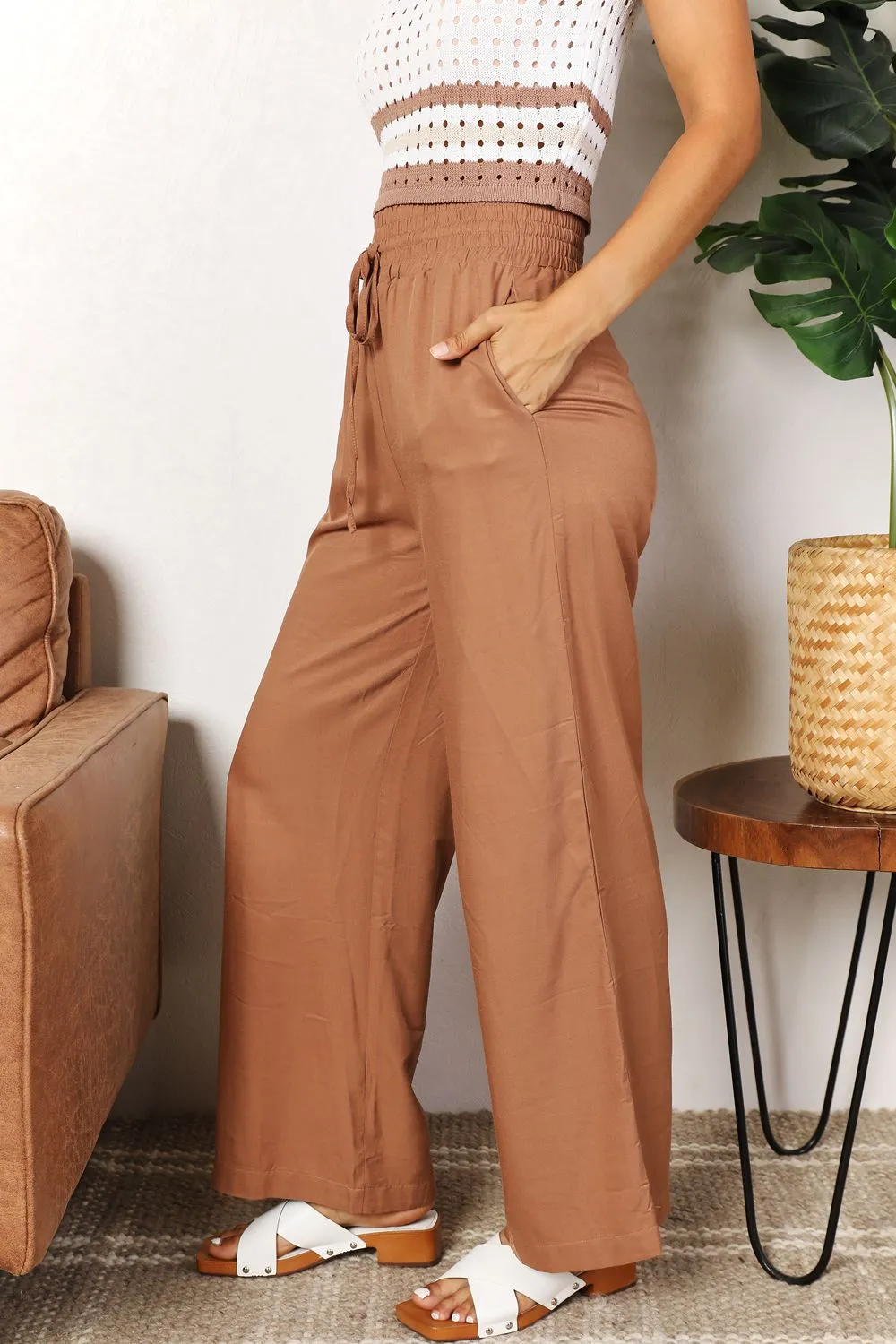 Drawstring Smocked Waist Wide Leg Pants