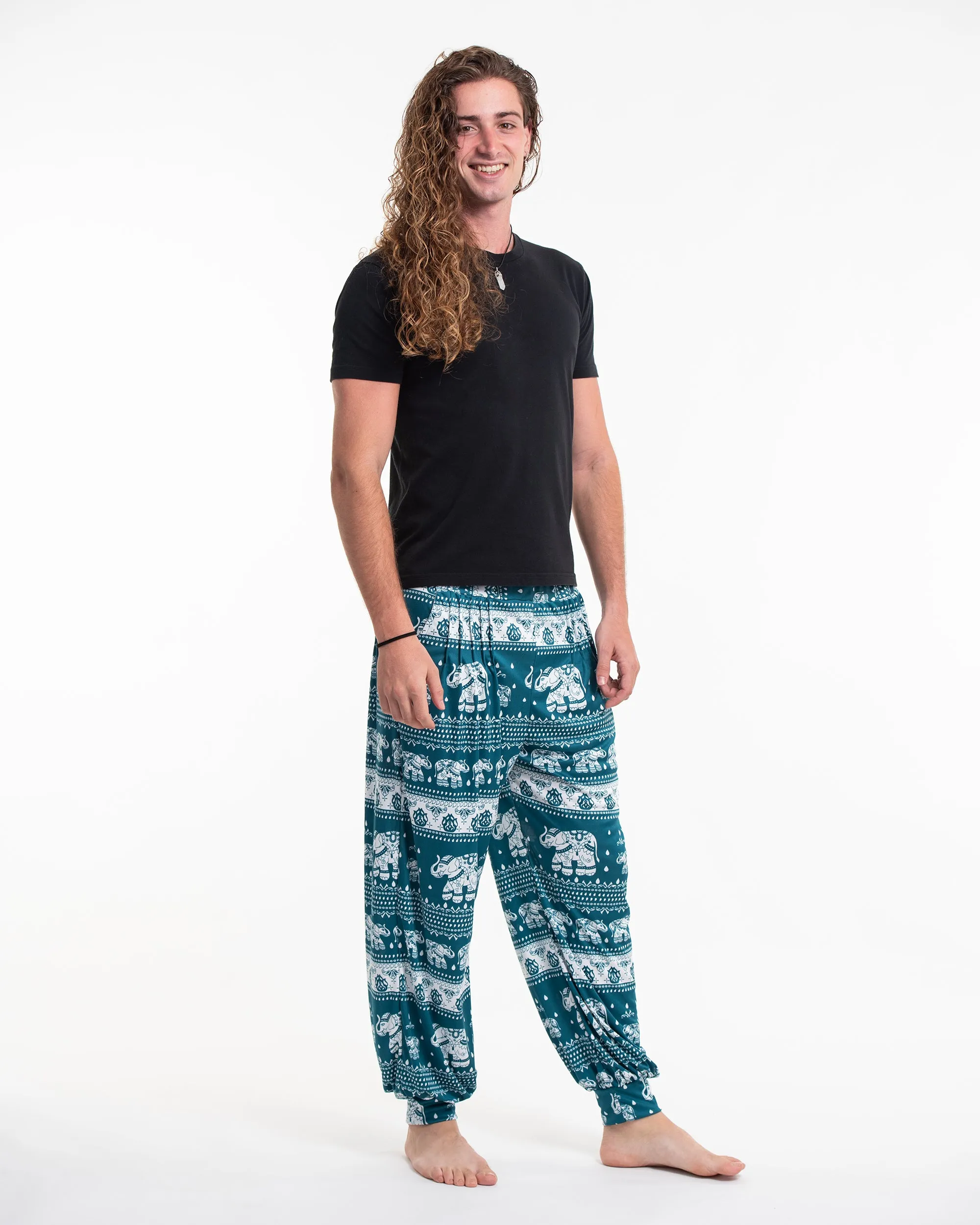 Eco-Friendly Elephant Print Men Harem Pants in Teal