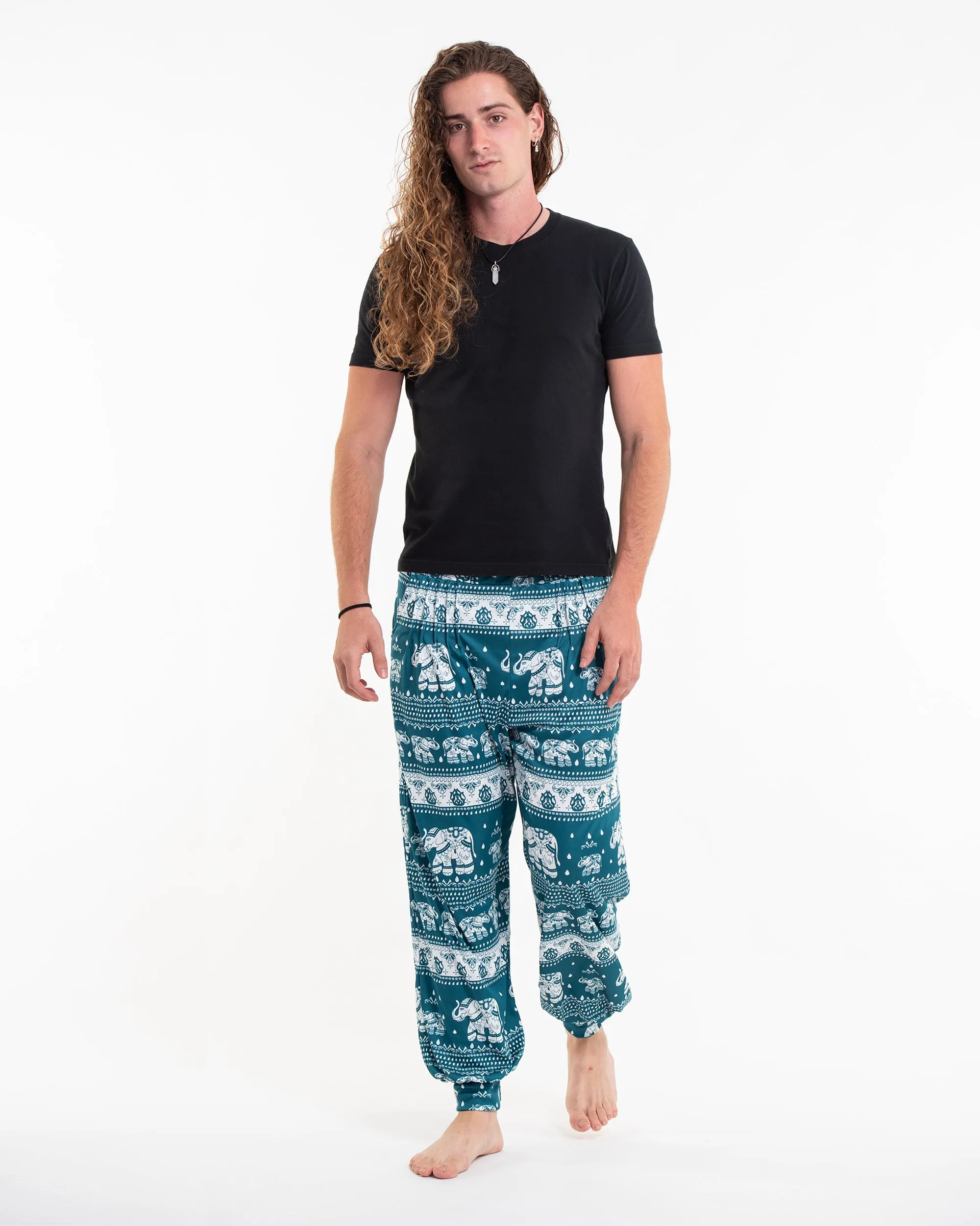 Eco-Friendly Elephant Print Men Harem Pants in Teal