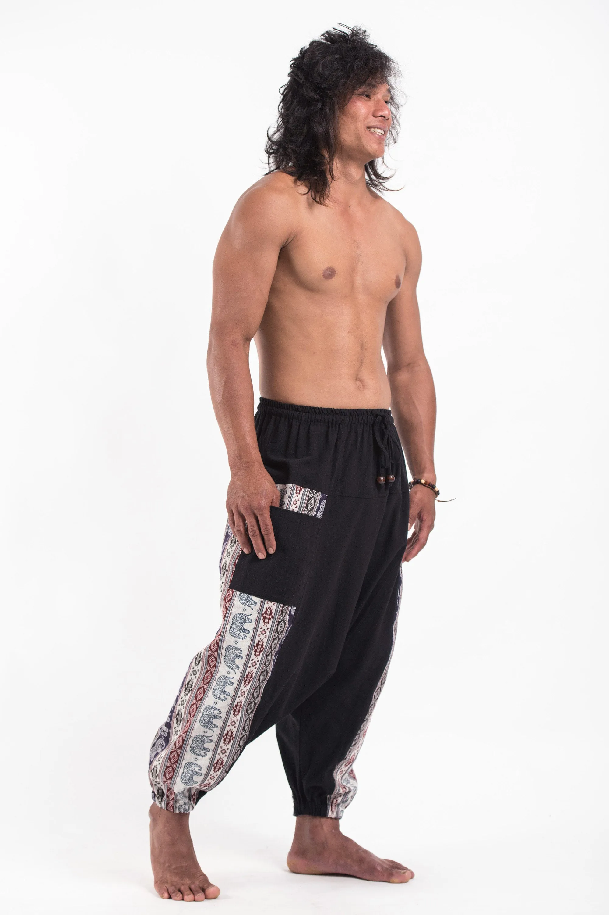 Elephant Aztec Cotton Men's Harem Pants in Black