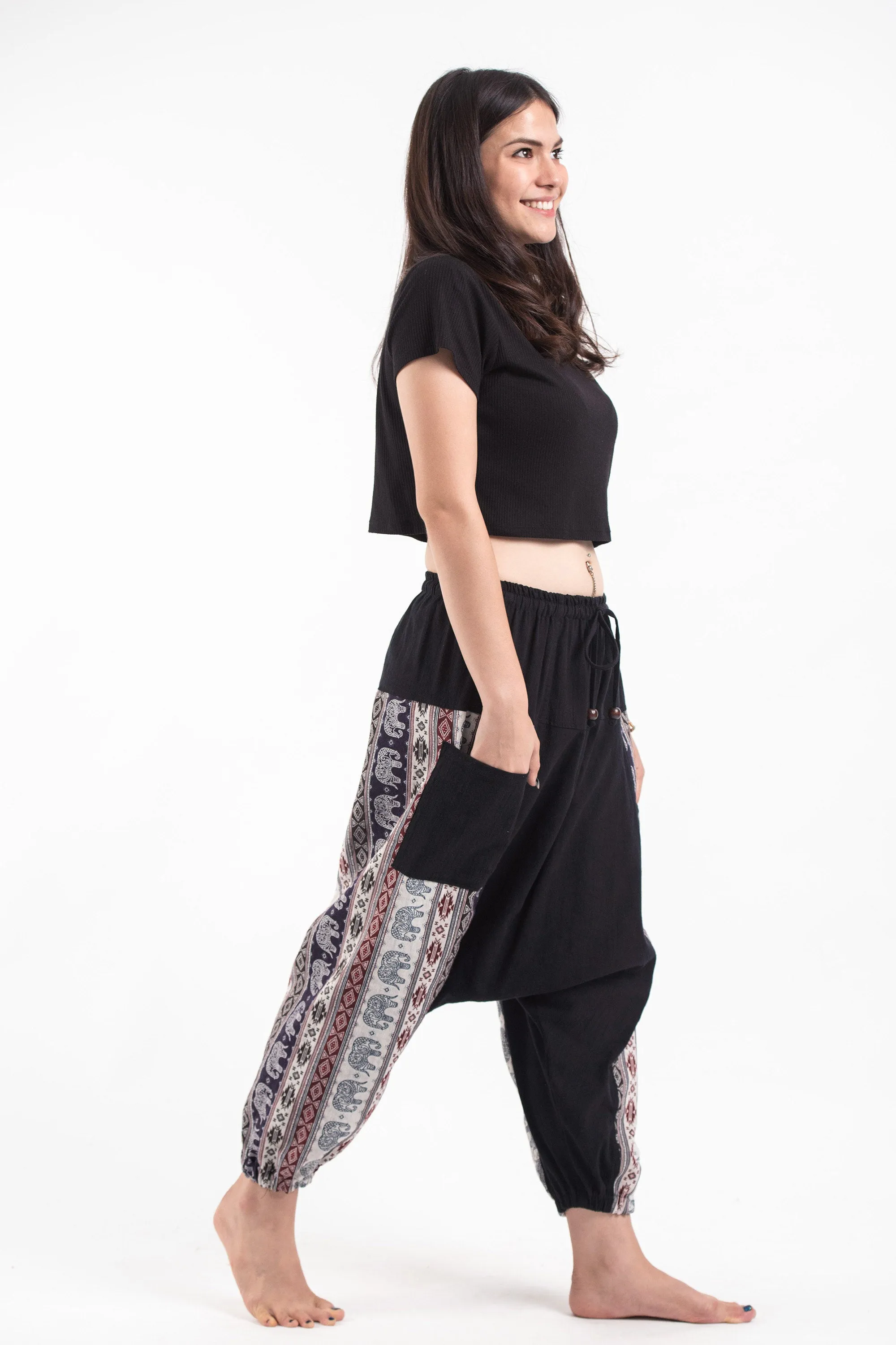 Elephant Aztec Cotton Women's Harem Pants in Black