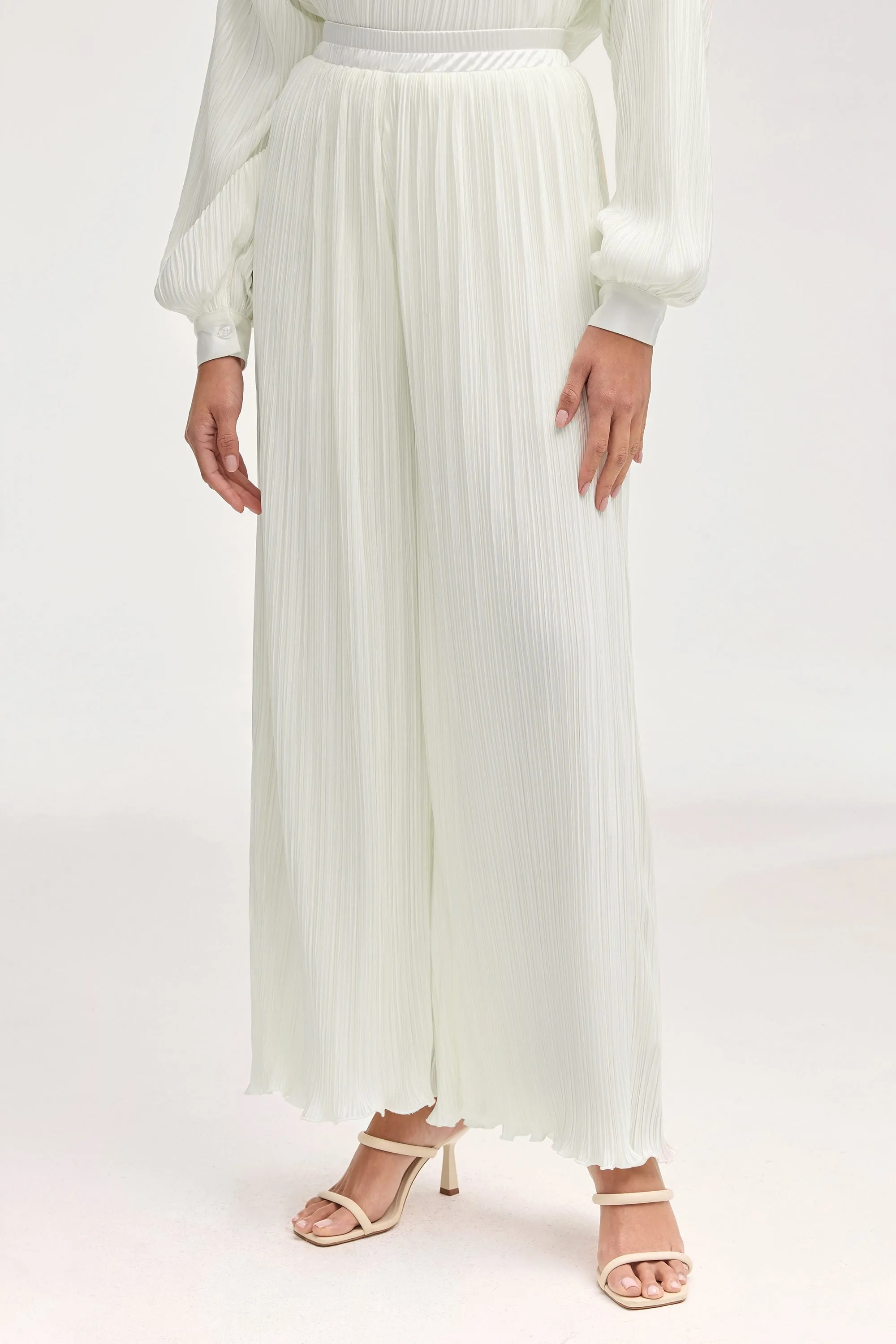 Ezra Satin Plisse Wide Leg Pants - White