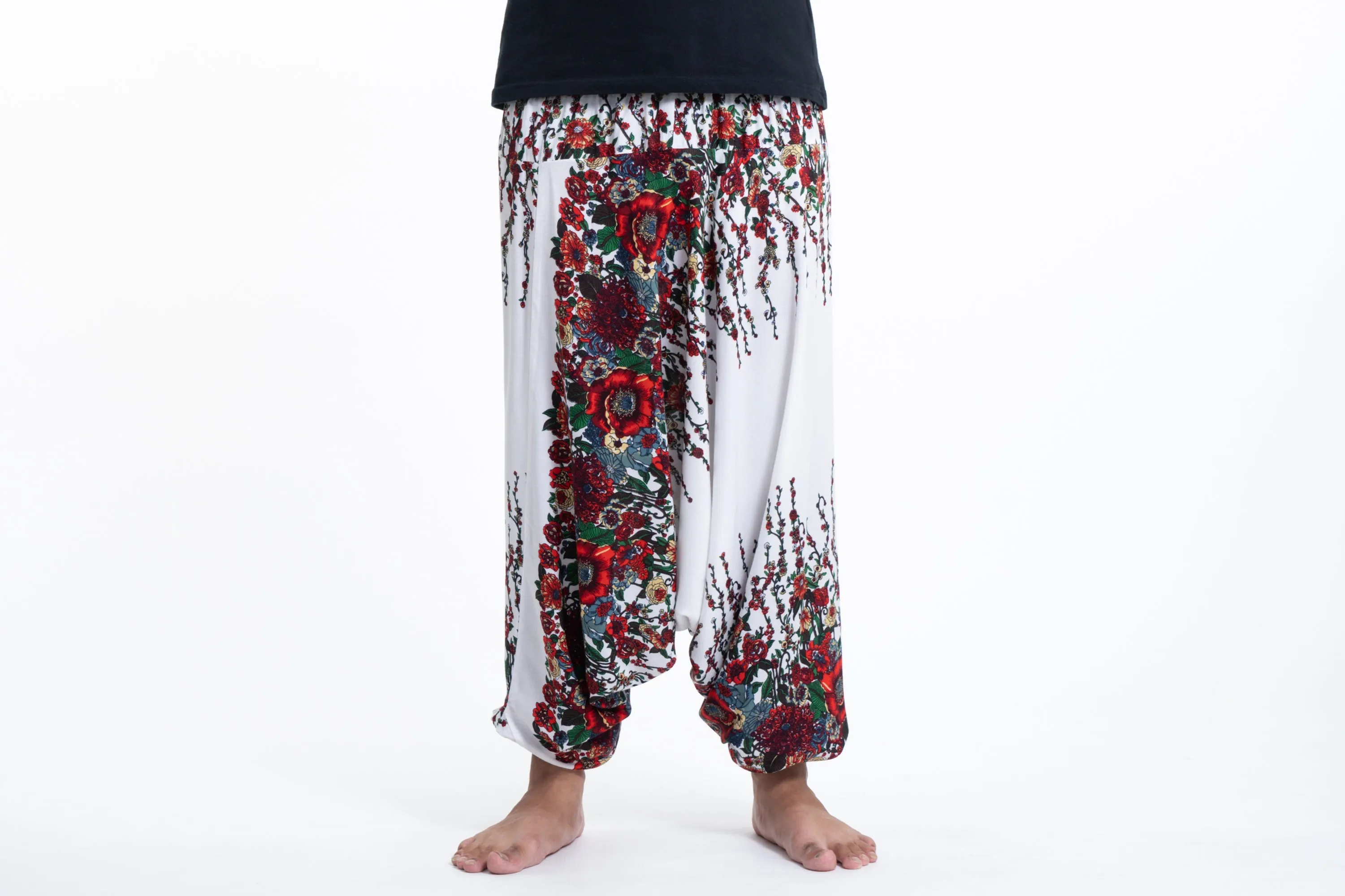 Floral Drop Crotch Men's Harem Pants in White