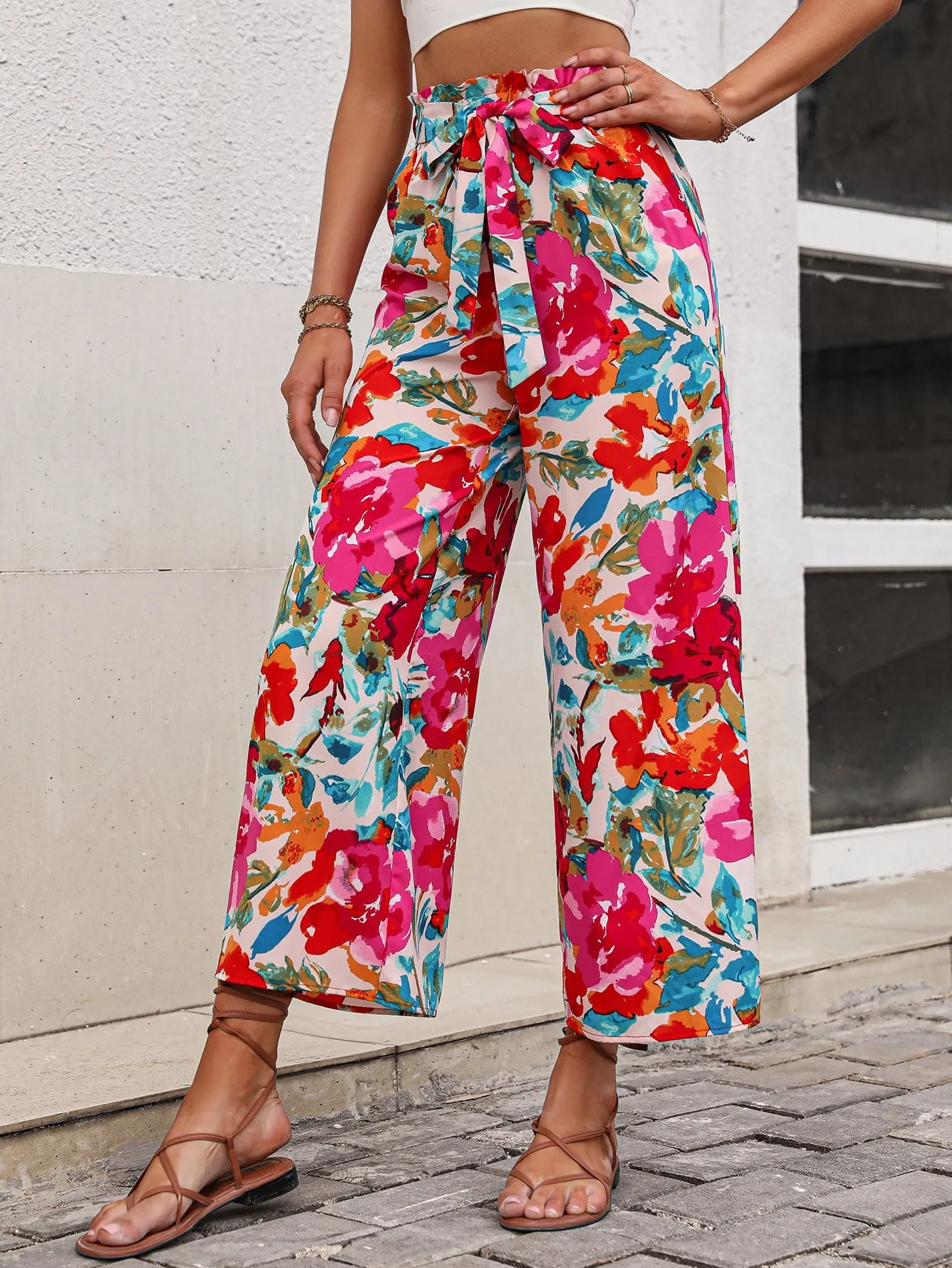 Floral Tie Belt Wide Leg Pants